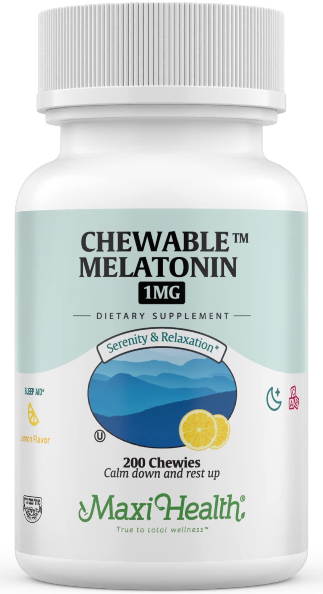 Maxi Health Melatonin 1mg Chewable Tablets front view packaging