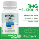 Maxi Health Melatonin 1mg Chewable Tablets on a wooden table