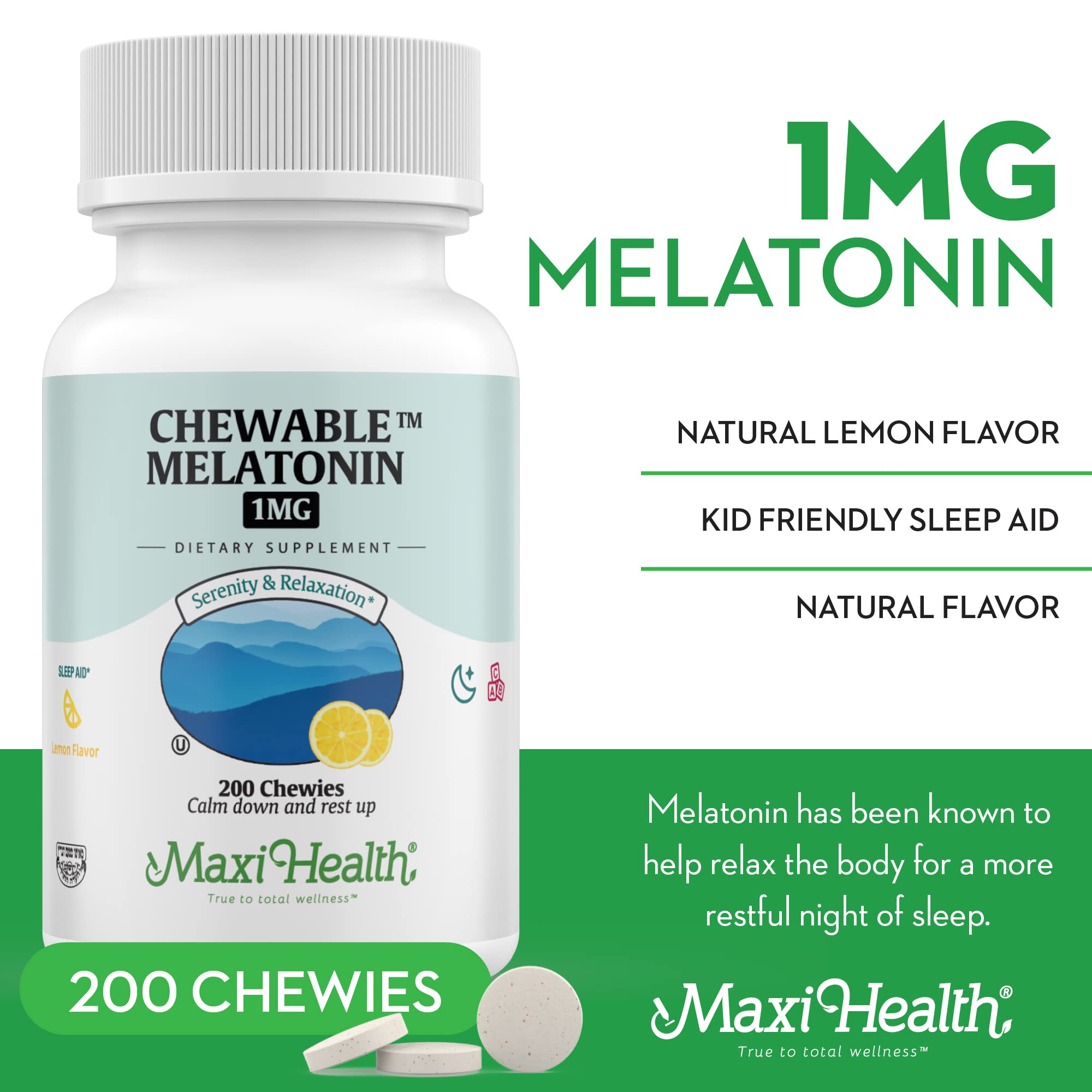 Maxi Health Melatonin 1mg Chewable Tablets on a wooden table