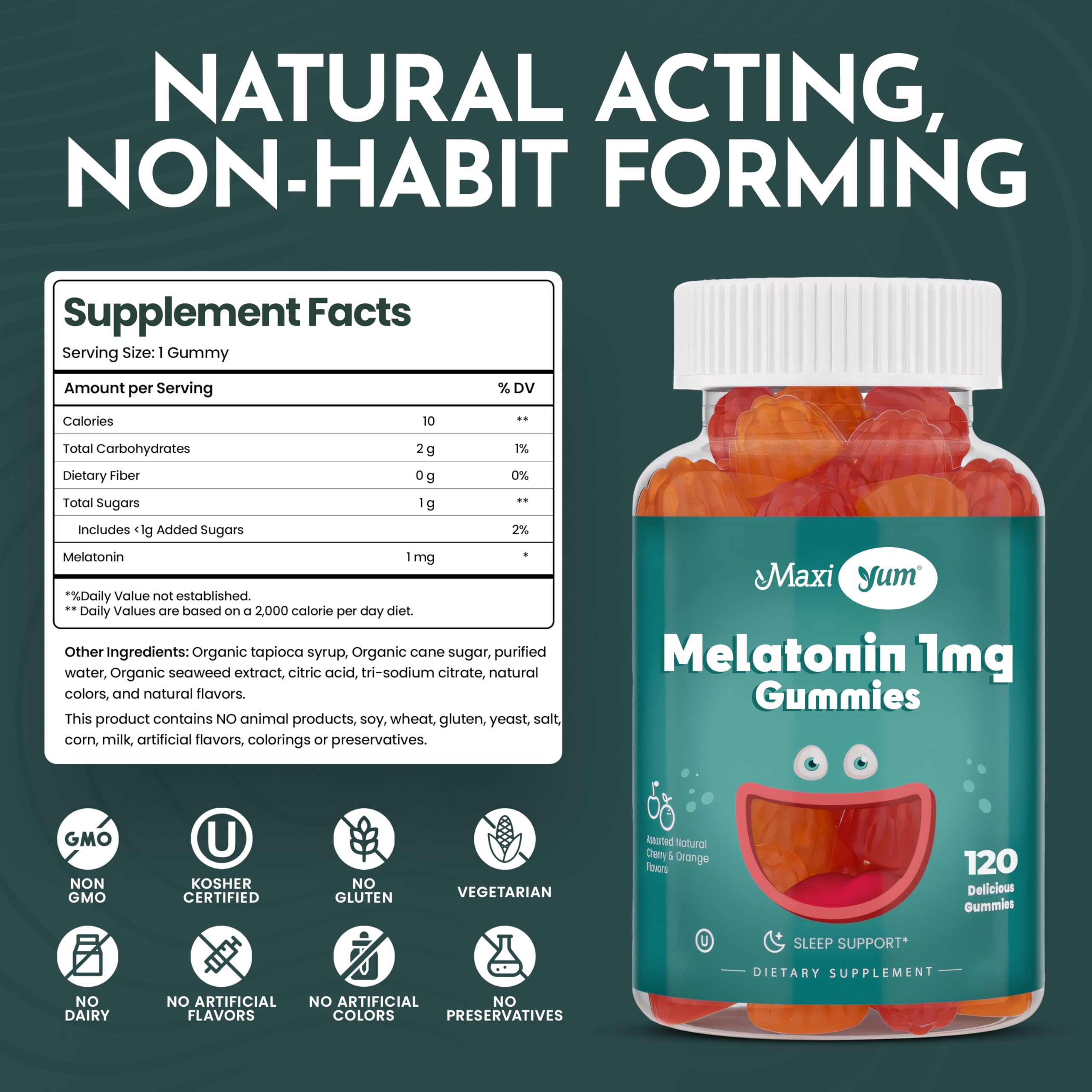 Maxi Health Melatonin Gummies 1mg with a measuring spoon