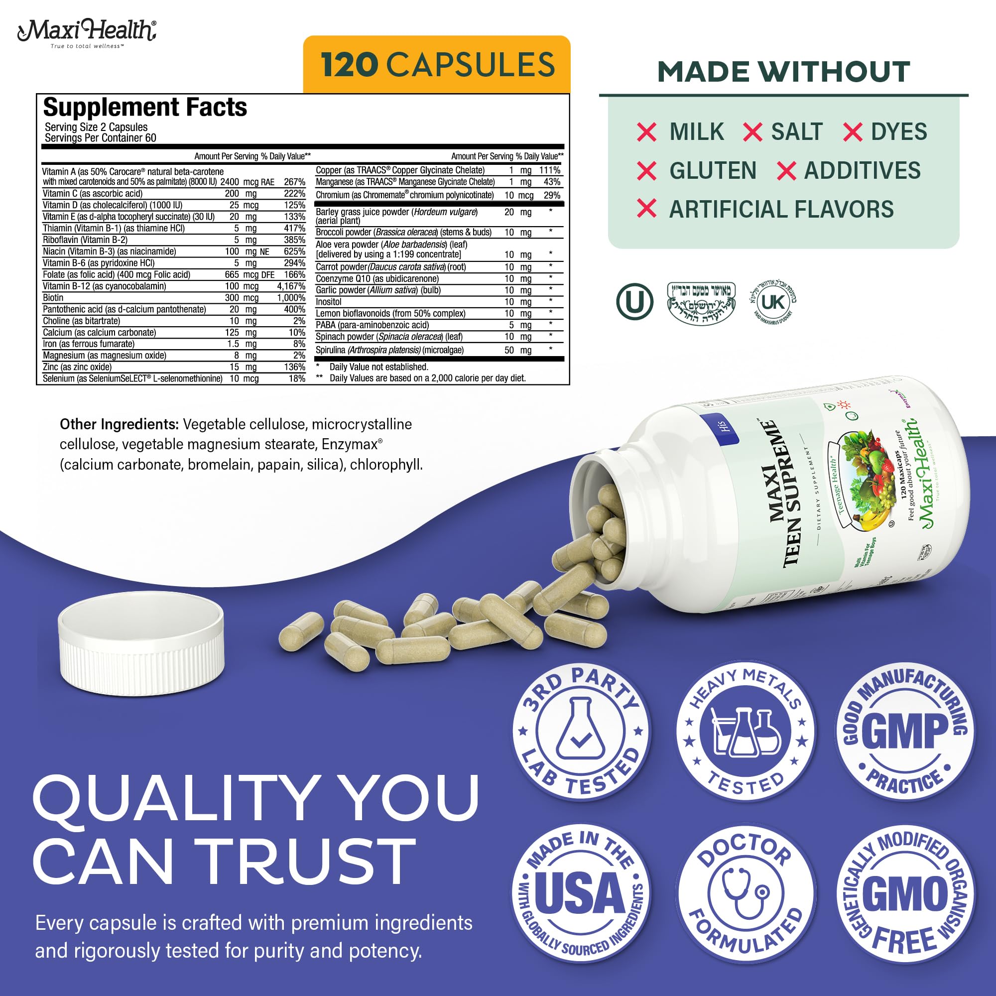 Maxi Health Mens Multivitamin for Teens 30 Capsules ingredients list