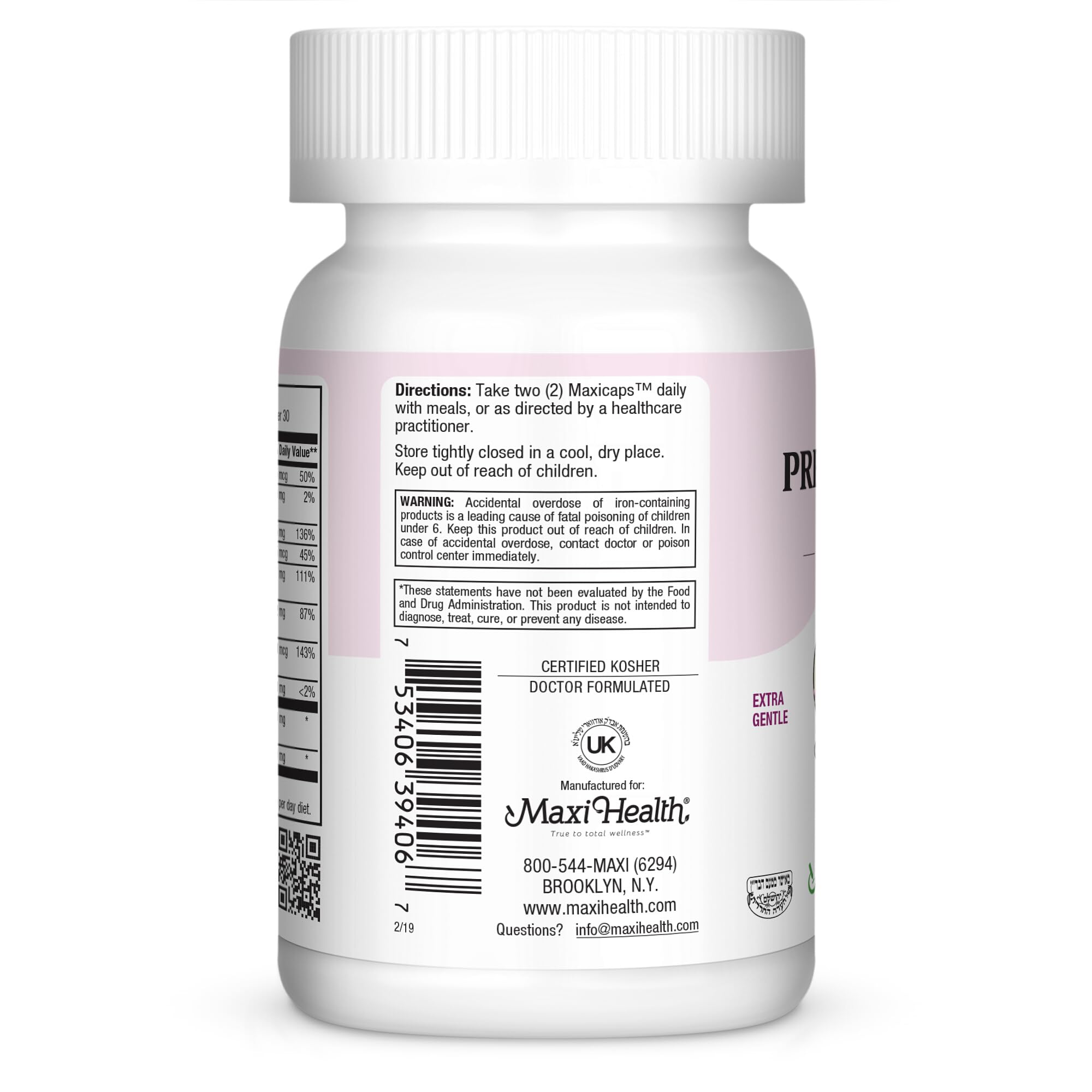 Maxi Health Prenatal Multivitamin small capsules with dosage information