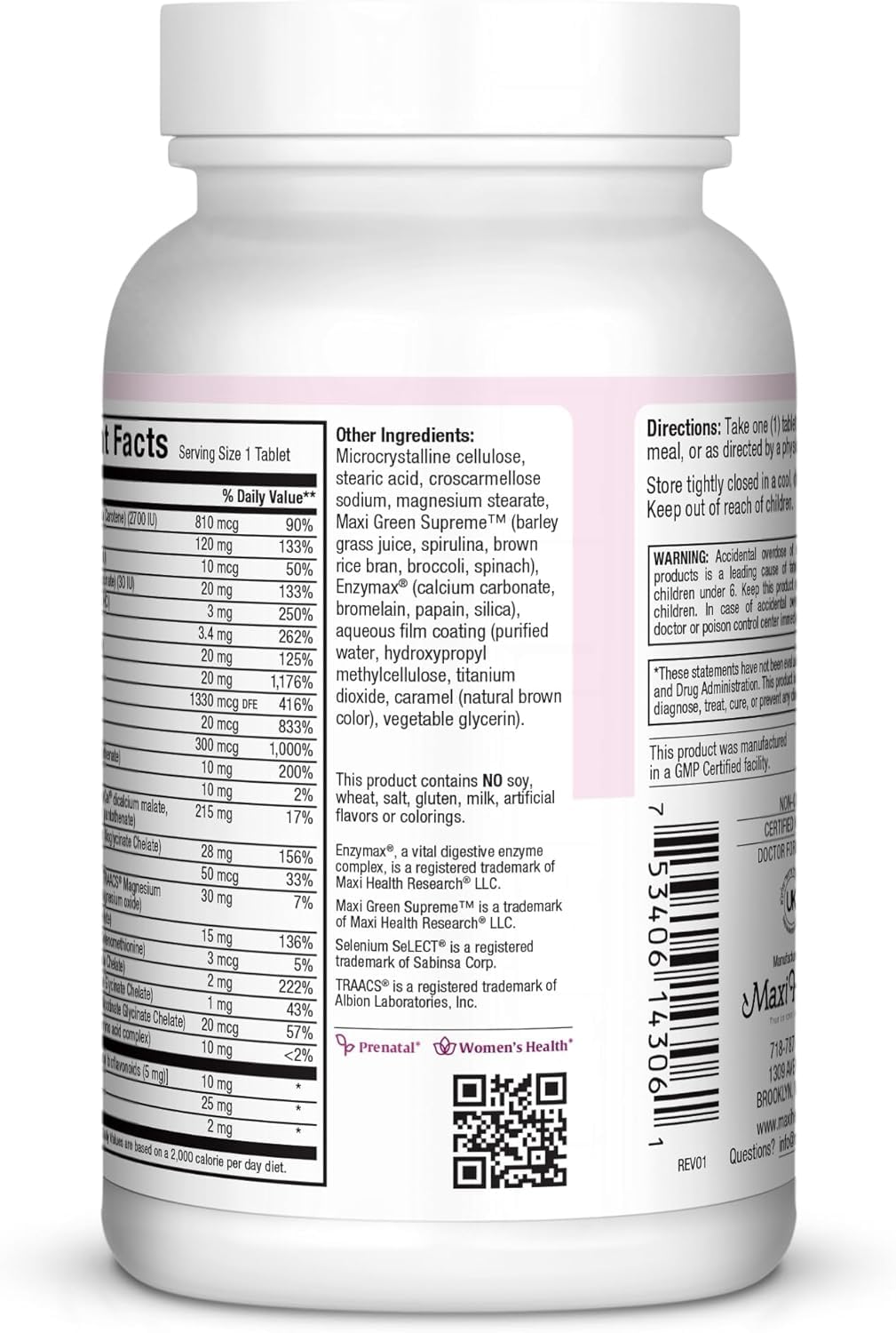 Maxi Health Prenatal Vitamins One Daily back view with nutritional information