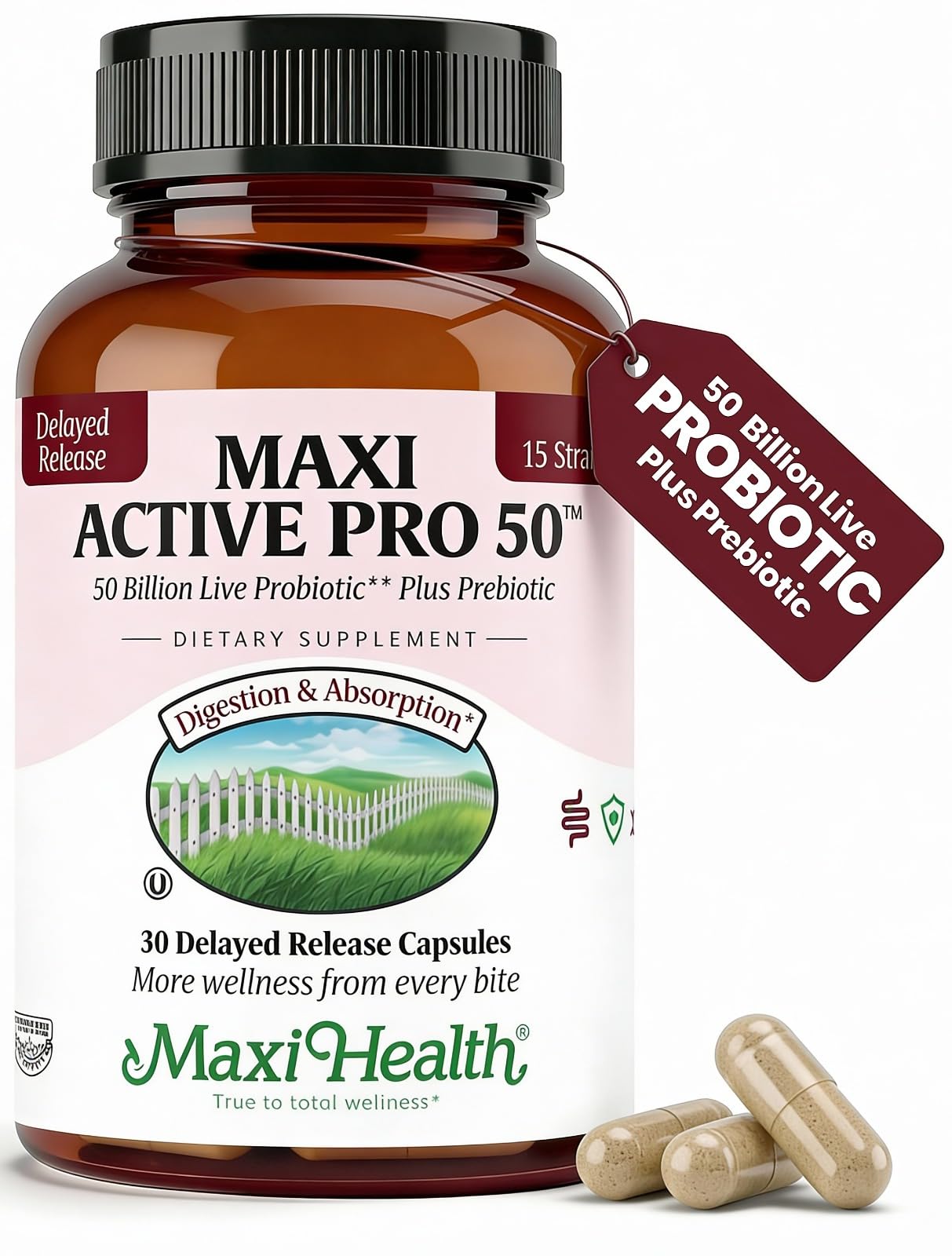 Maxi Health Probiotic Capsules front view with packaging