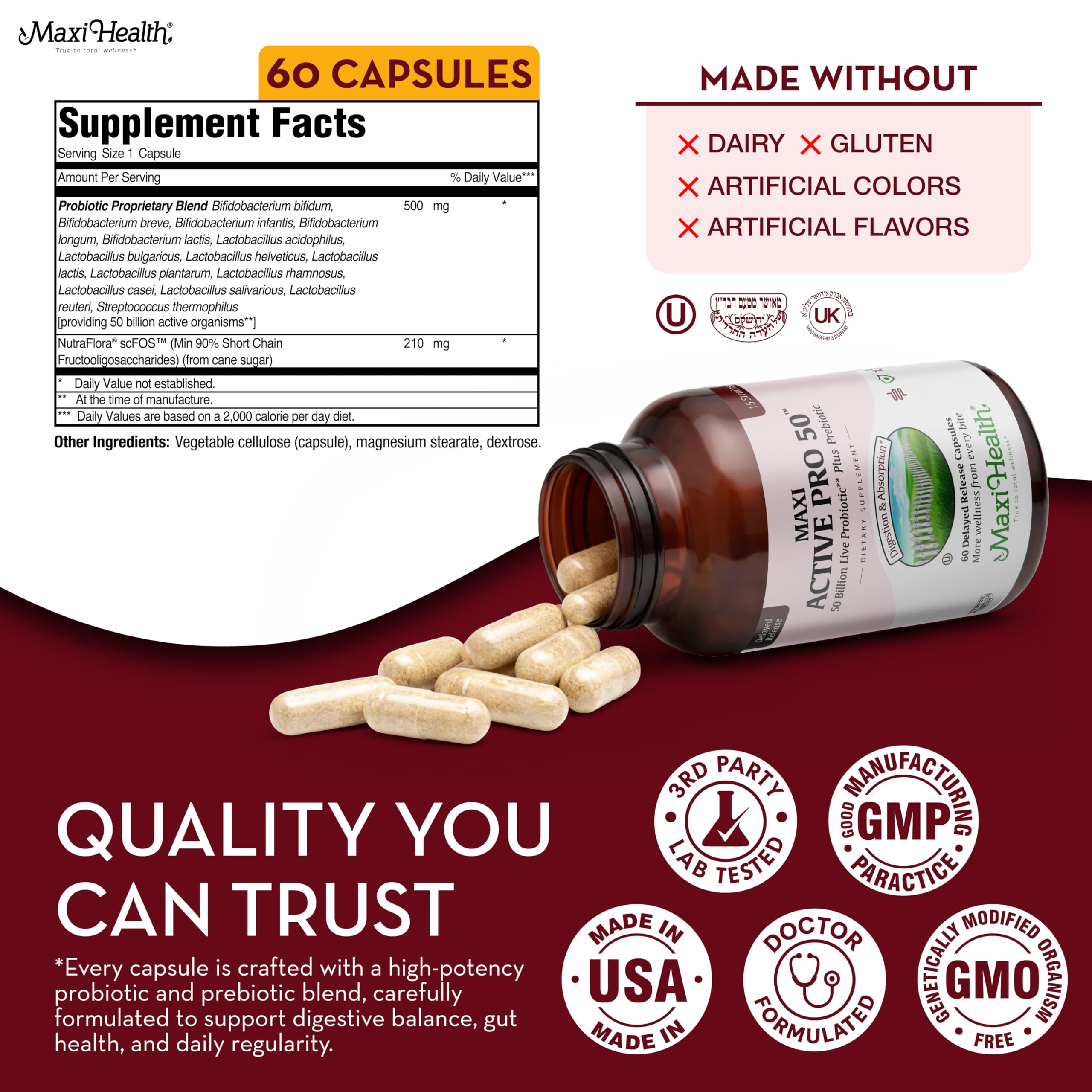 Maxi Health Probiotic Capsules side view showing capsule details