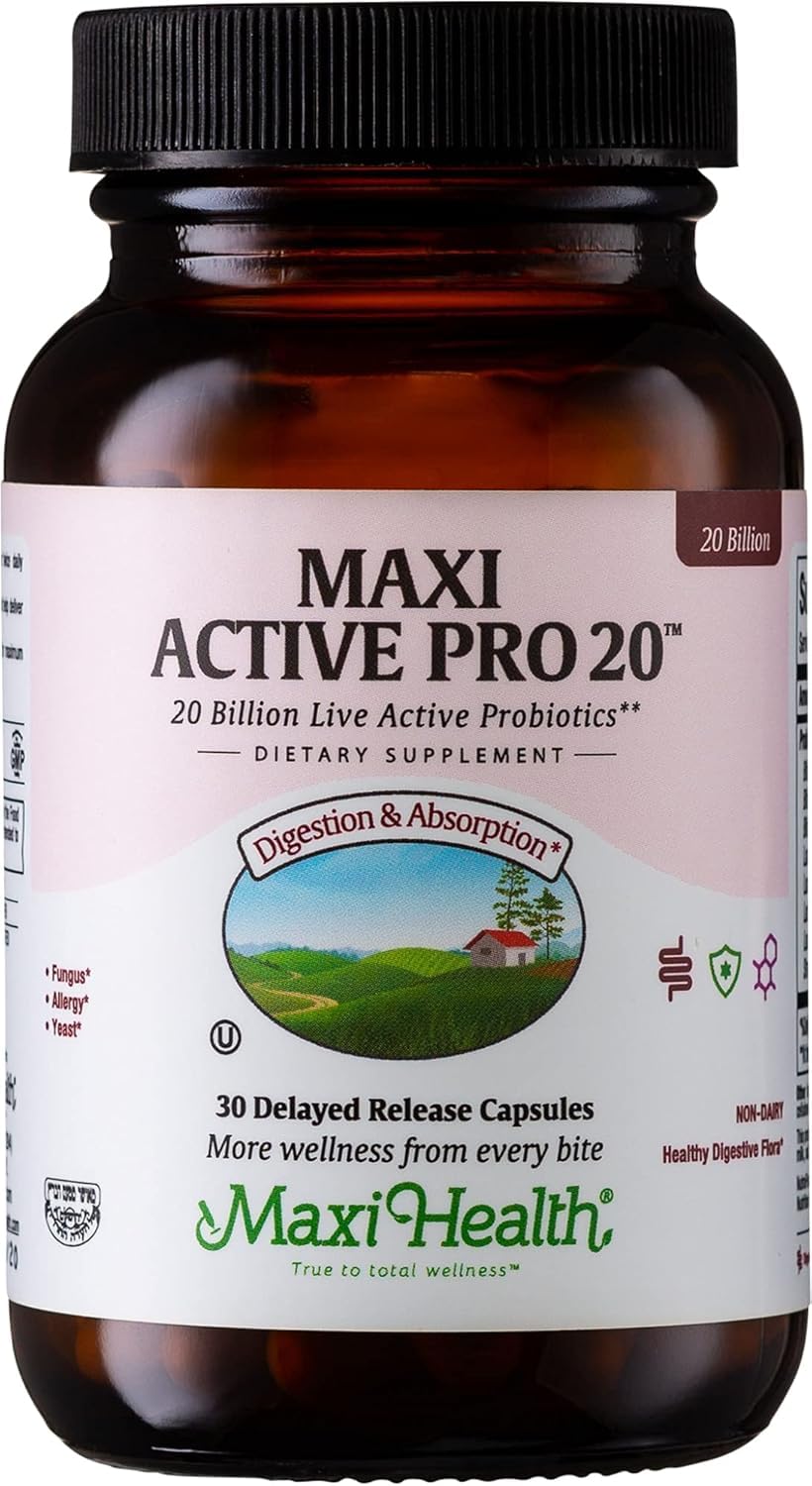 Maxi Health Probiotic Supplement front view with capsule bottle