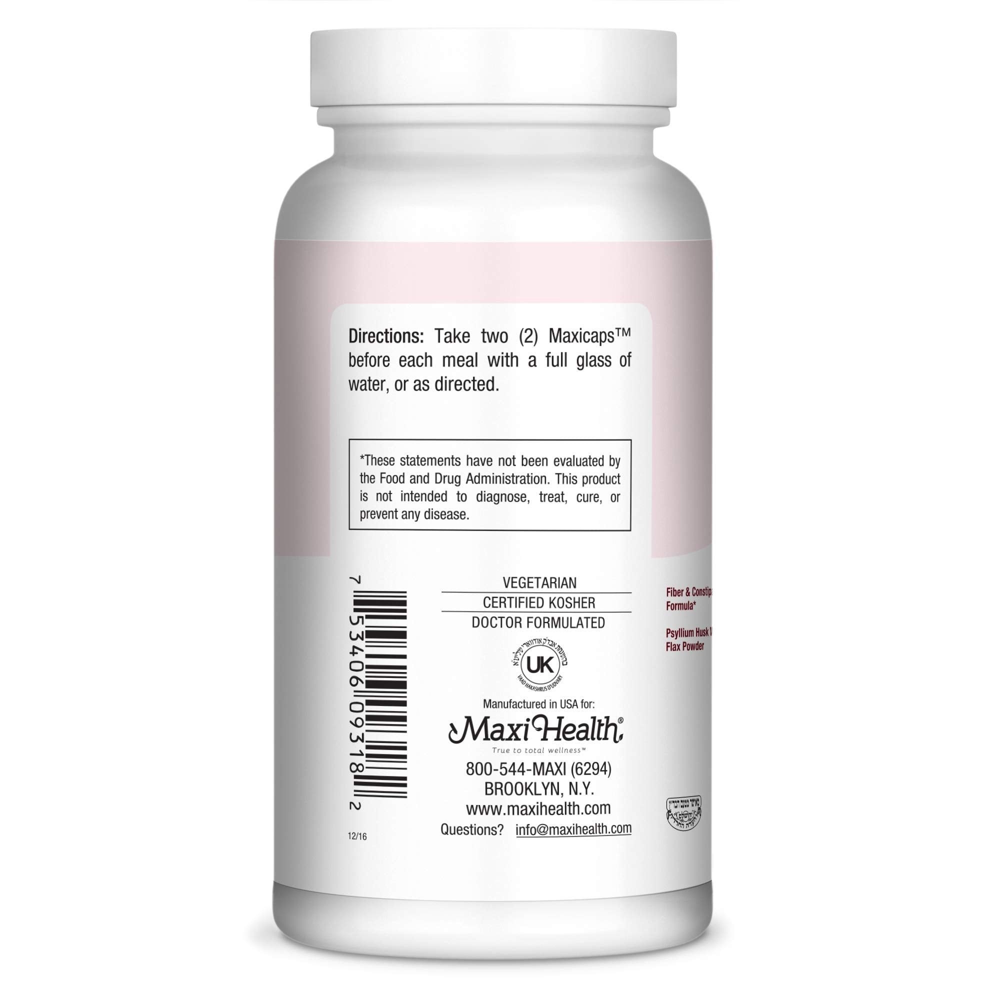 Maxi Health Psyllium Husk Capsules back view with ingredient list