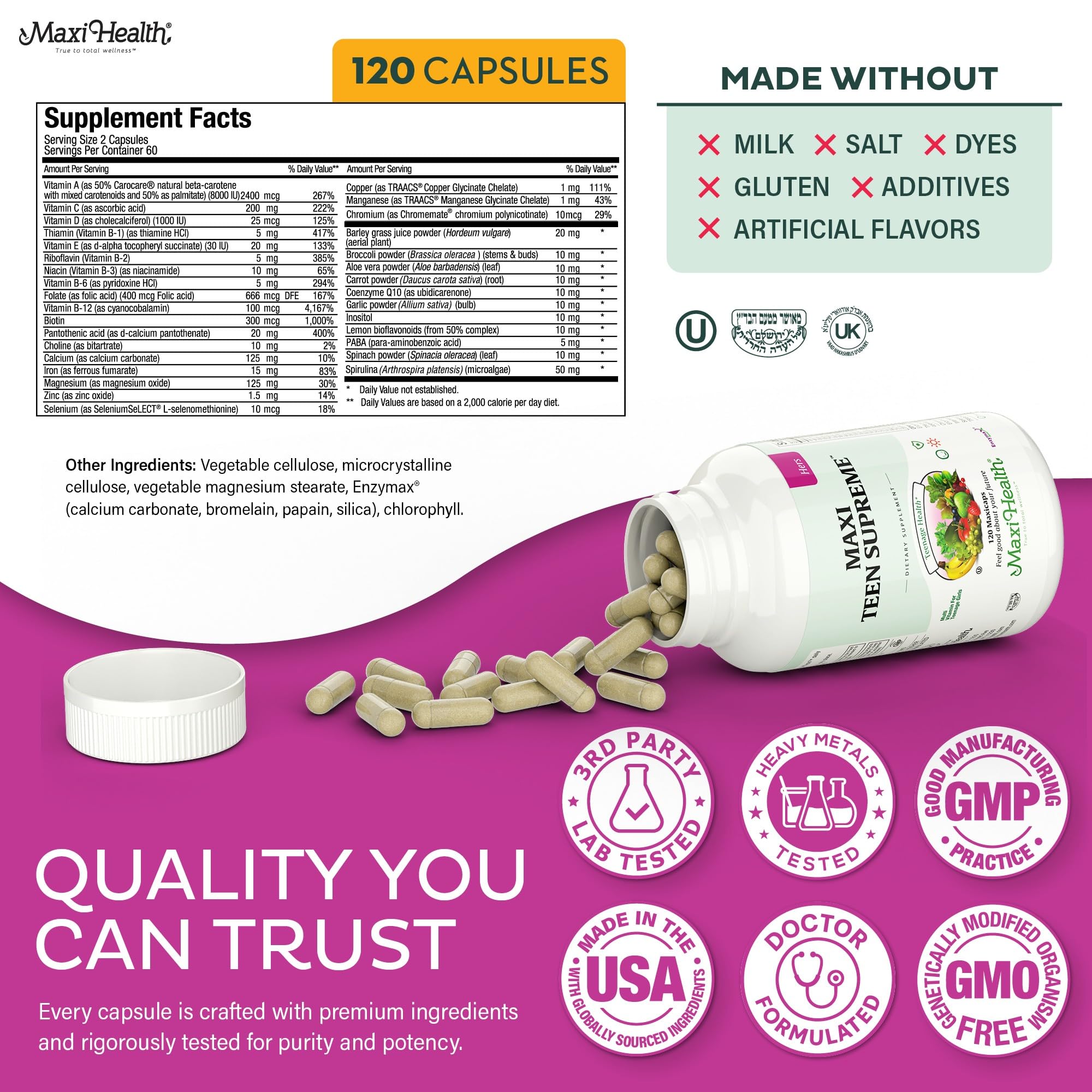 Maxi Health Teen Girl Multivitamin bottle side view