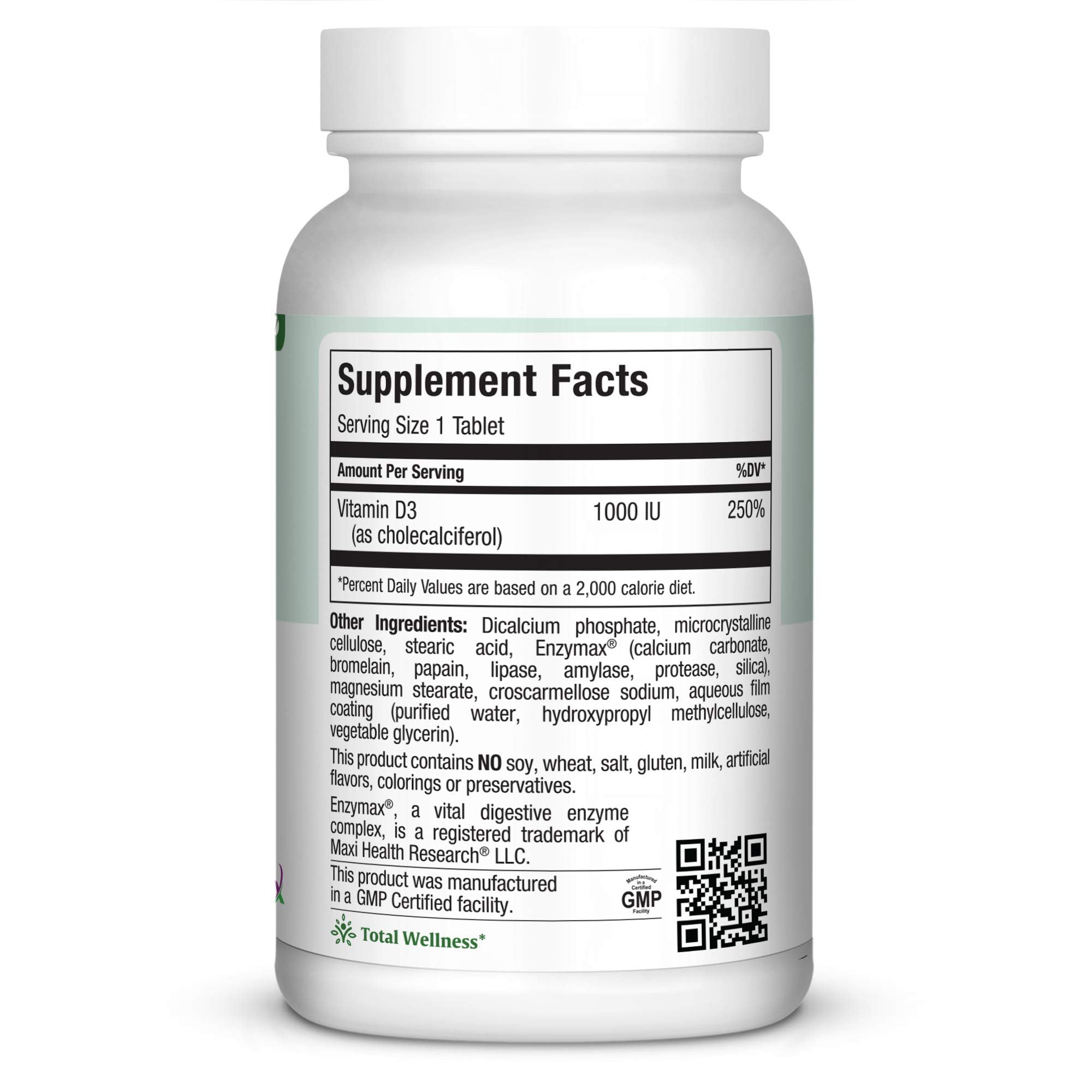 Maxi Health Vitamin D3 1000 IU Tablets side view showing tablet details