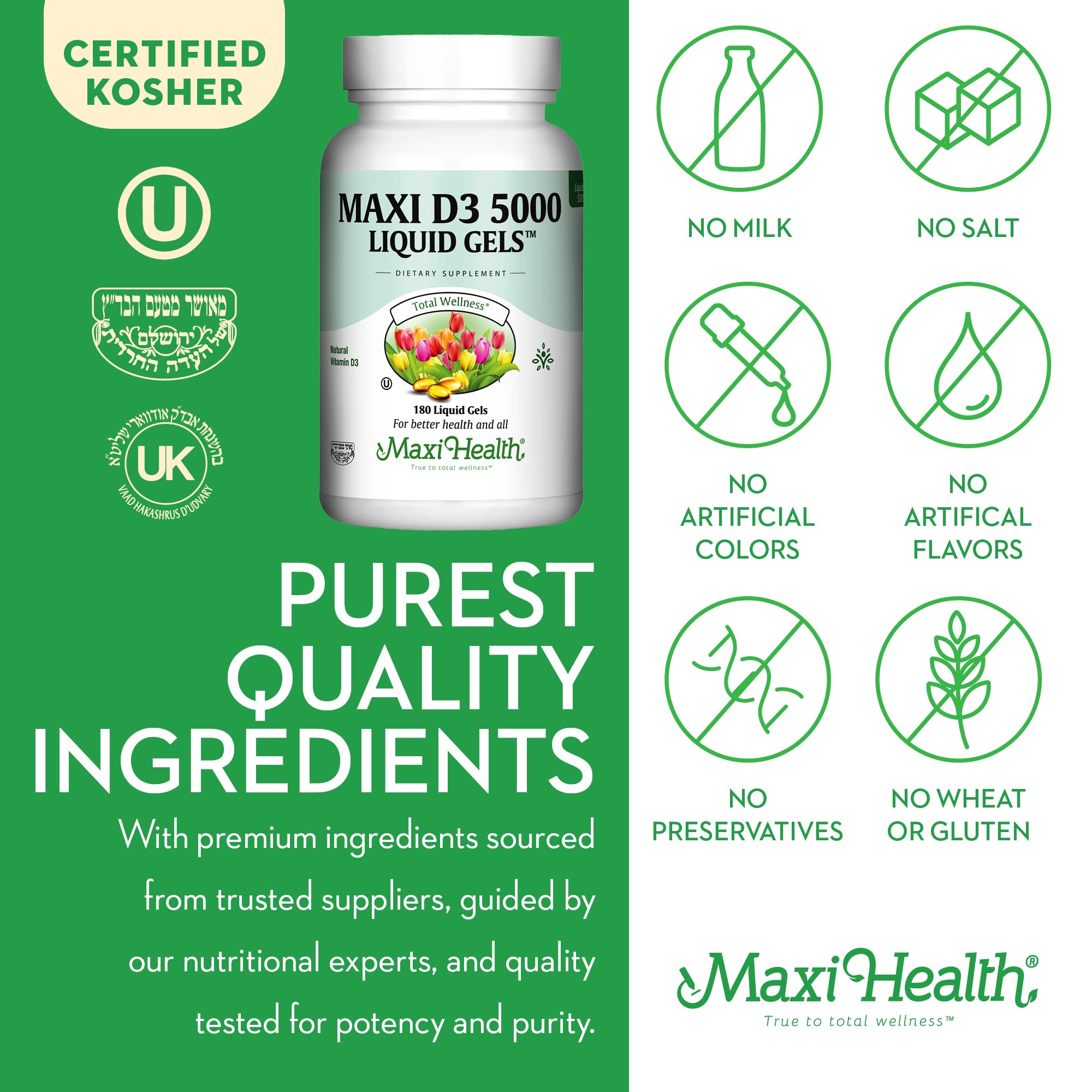 Maxi Health Vitamin D3 5000 IU softgels on a wooden table