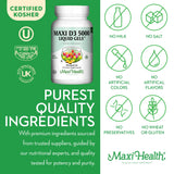 Maxi Health Vitamin D3 5000 IU softgels on a wooden table