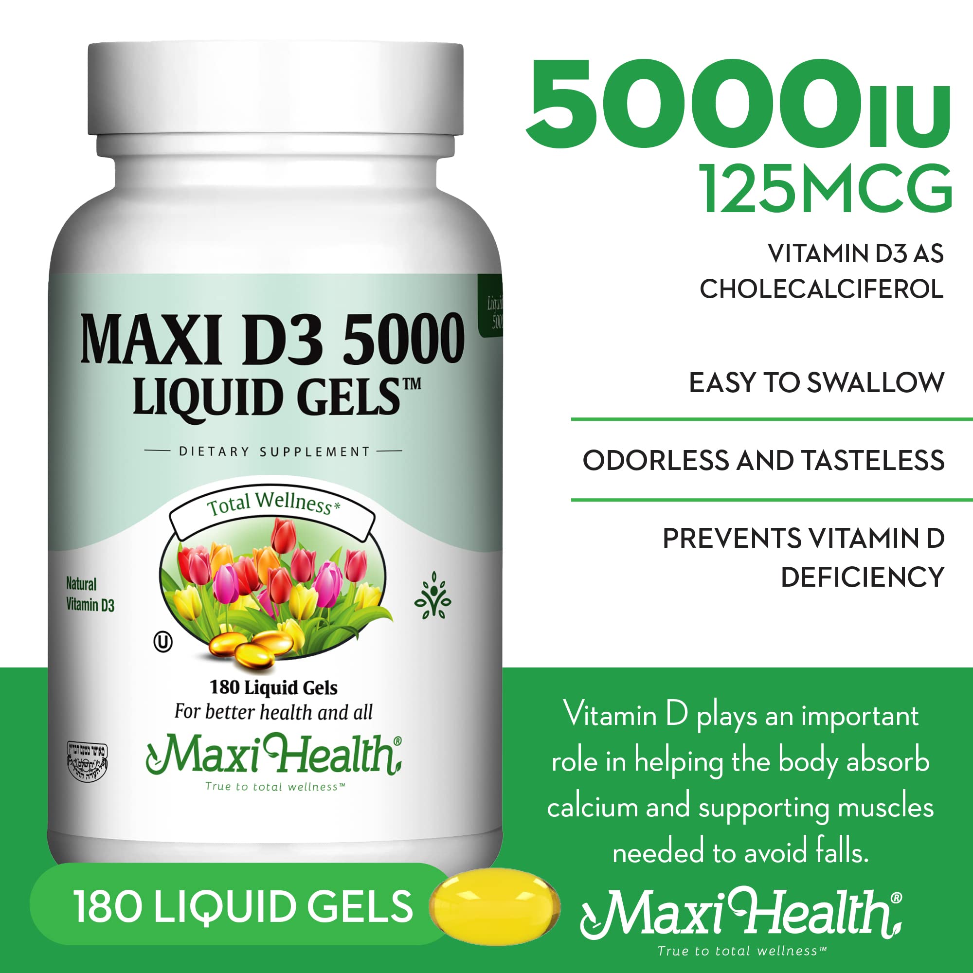 Maxi Health Vitamin D3 5000 IU softgels side view