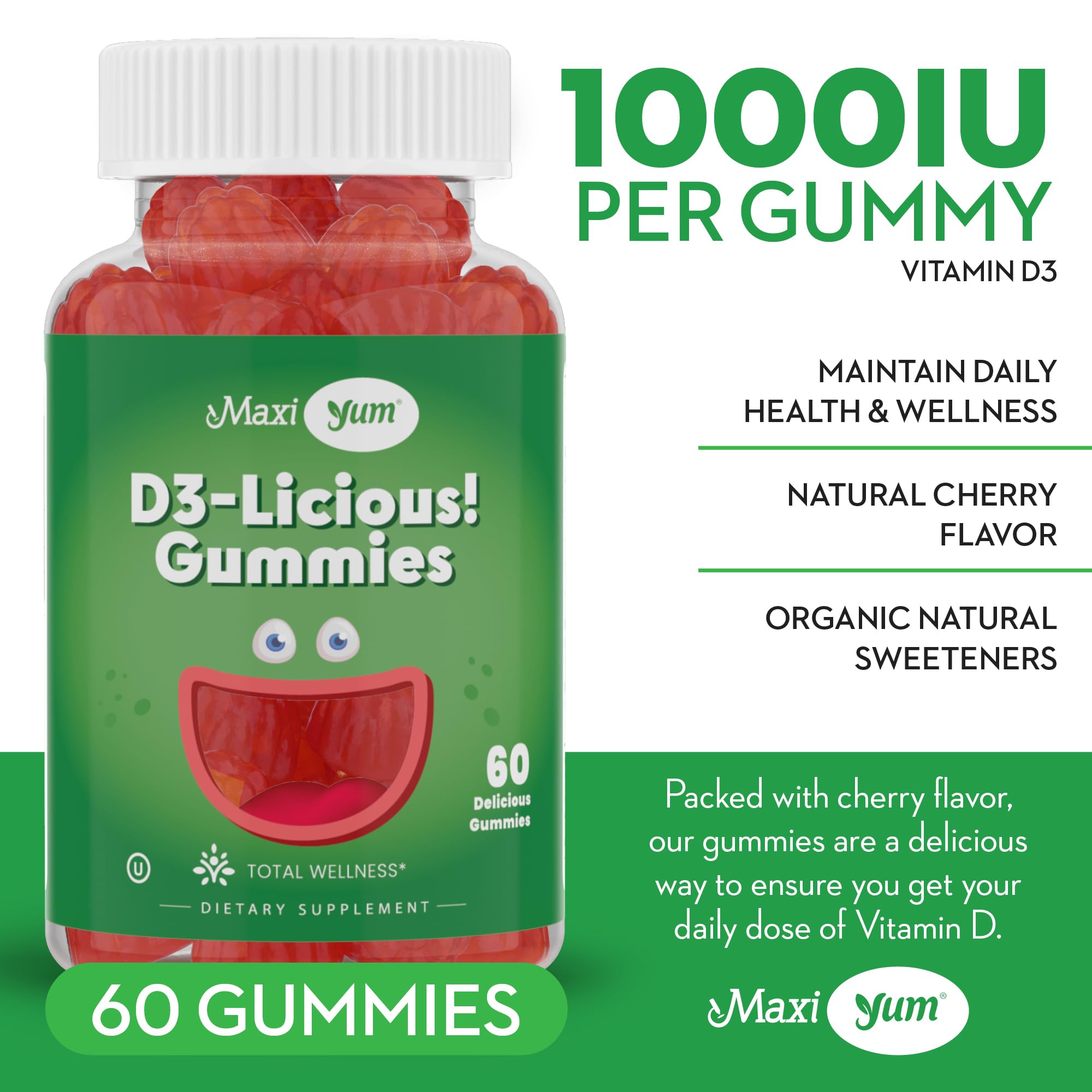Maxi Health Vitamin D3 Gummies with a hand holding a gummy