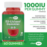 Maxi Health Vitamin D3 Gummies with a hand holding a gummy