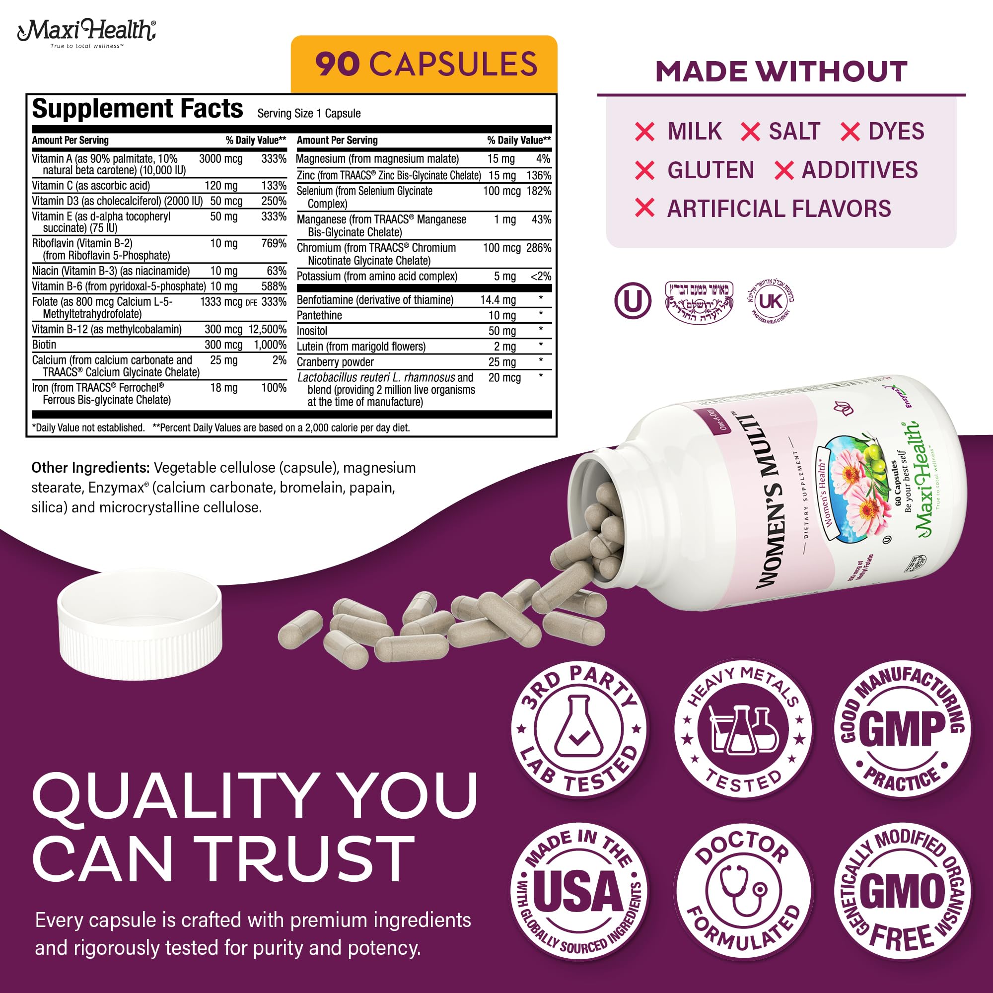 Maxi Health Women's Multivitamin Capsules with ingredients list