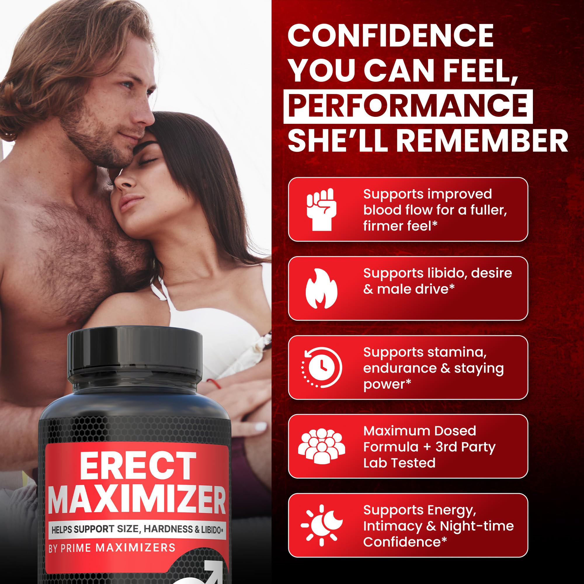 MAXIMIZERS Male Performance support on a wooden table