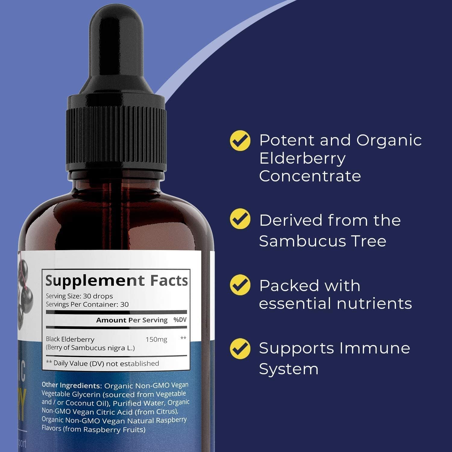 MaxImmunity Elderberry Liquid Drops back view showing nutritional information