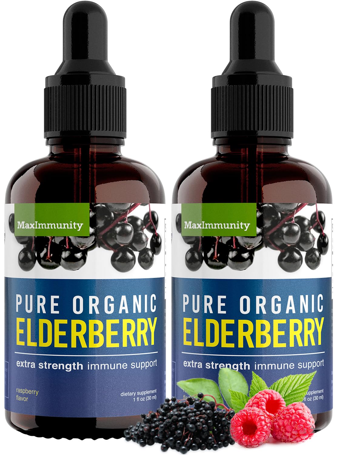 MaxImmunity Elderberry Liquid Drops front view, two 1oz bottles