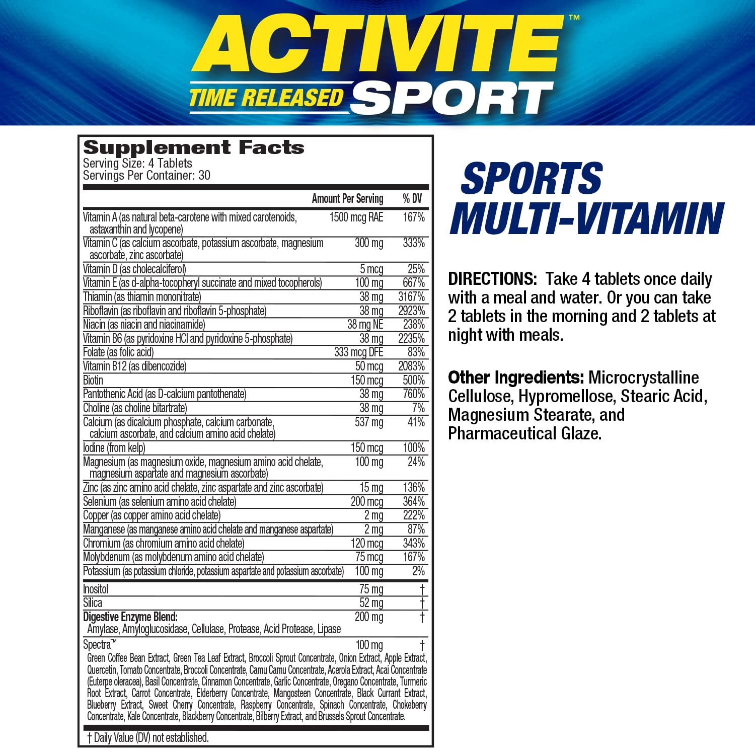 Maximum Human Performance Activite Sport Multi-Vitamin 120 Tablets side view