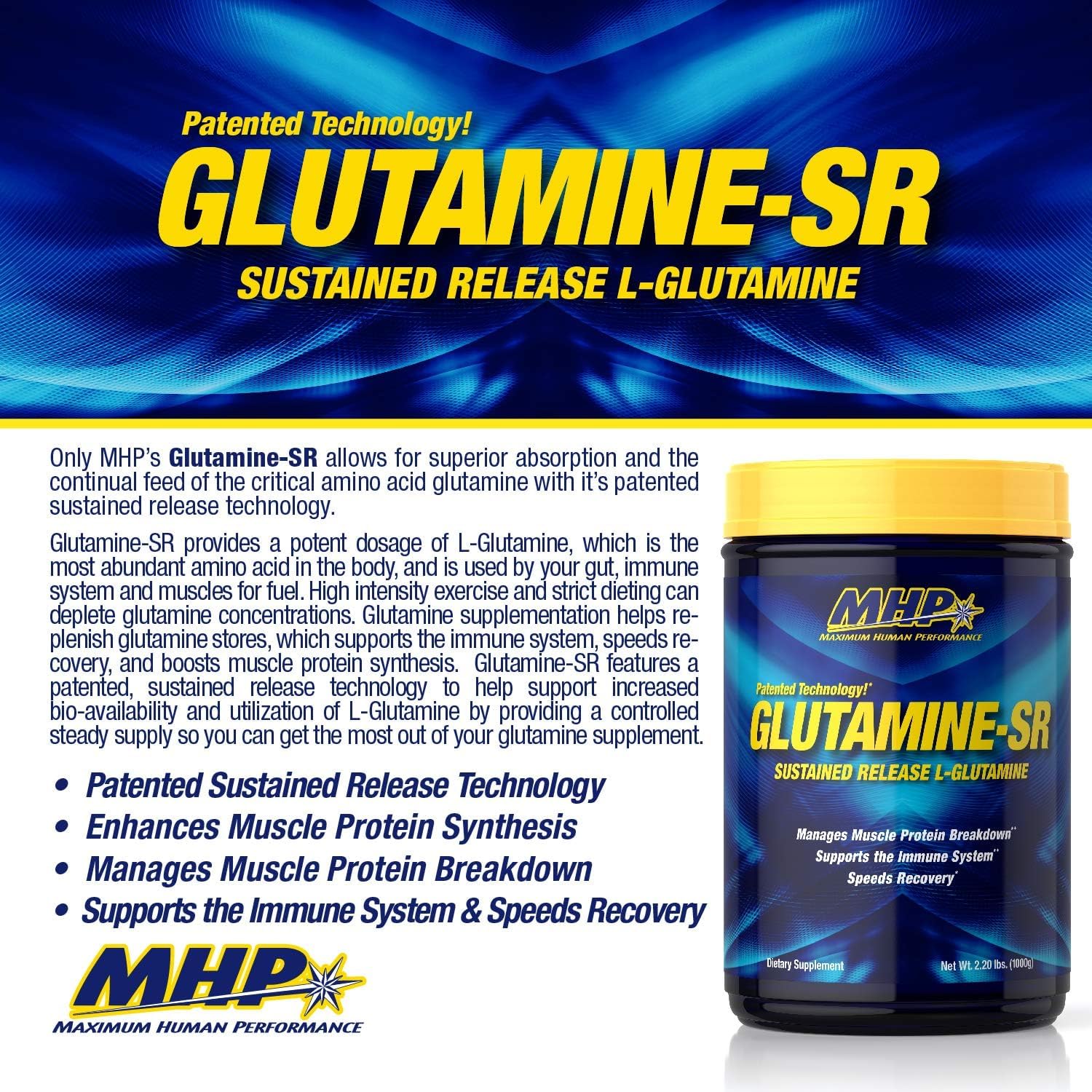 Maximum Human Performance L-Glutamine-SR 113g supplement packaging