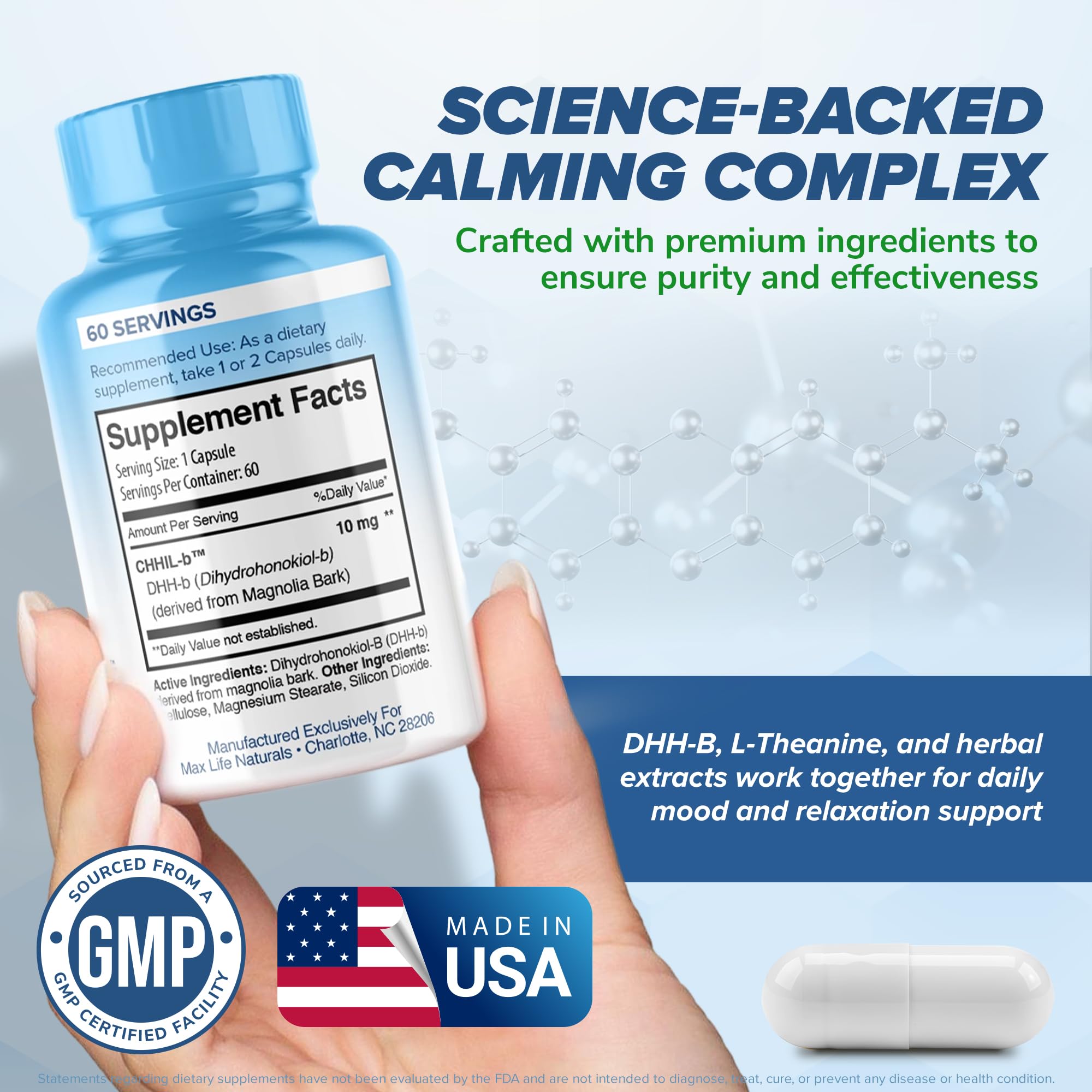 MAXLIFE NATURALS Day Chill Mood Supplement ingredients list on the back of the bottle