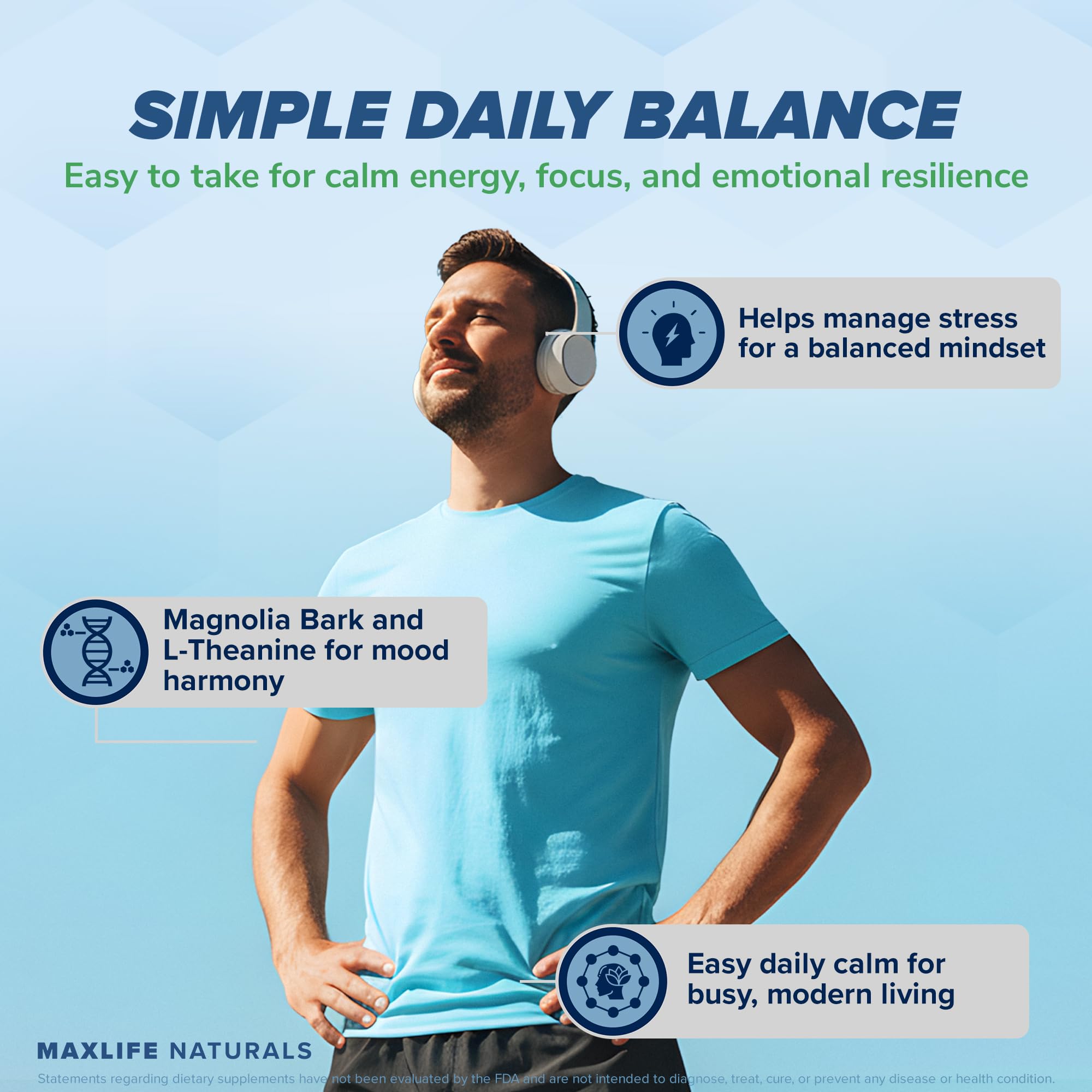 MAXLIFE NATURALS Day Chill Mood Supplement lifestyle shot with a person taking a capsule