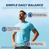 MAXLIFE NATURALS Day Chill Mood Supplement lifestyle shot with a person taking a capsule