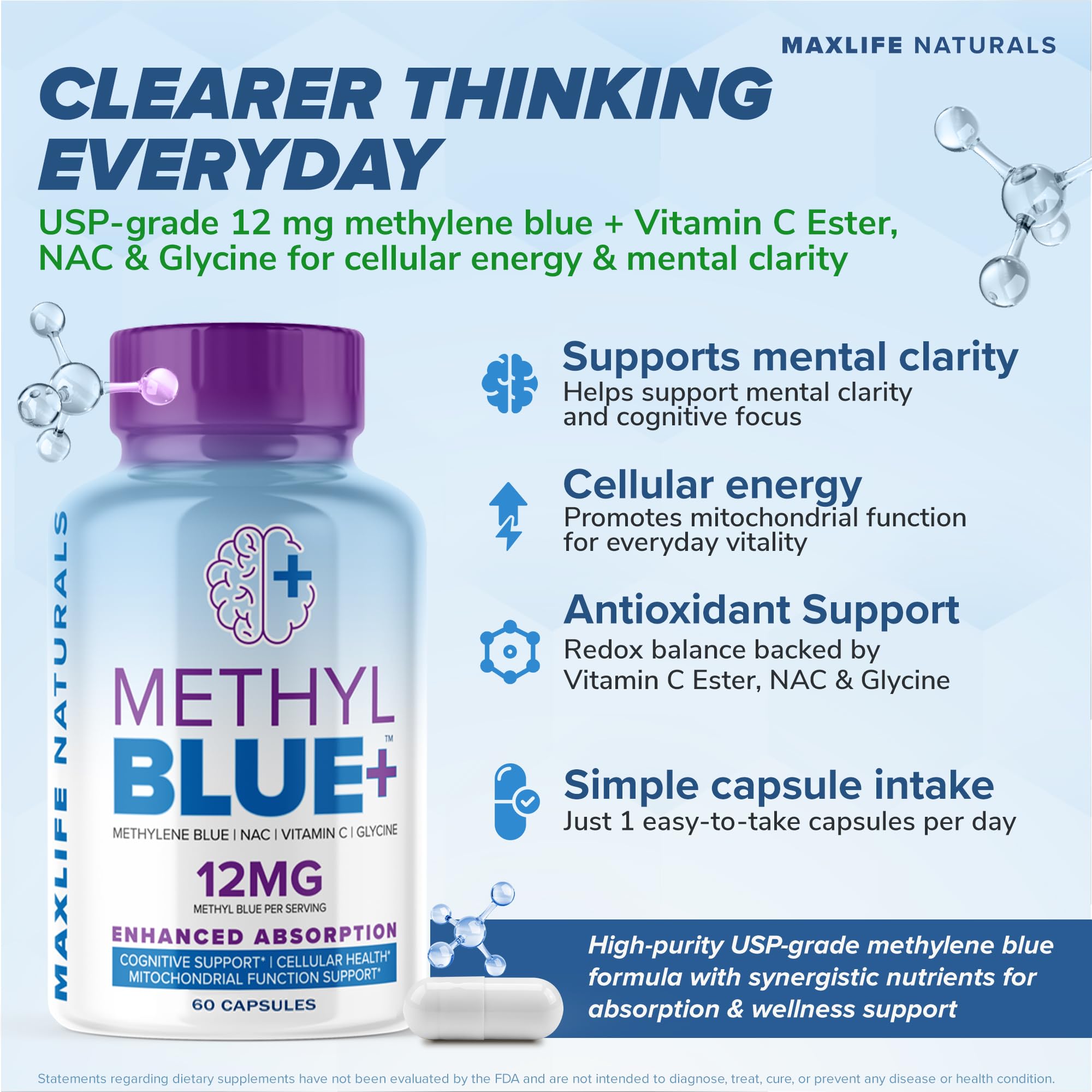 MAXLIFE NATURALS Methylene Blue Capsules 12mg back view