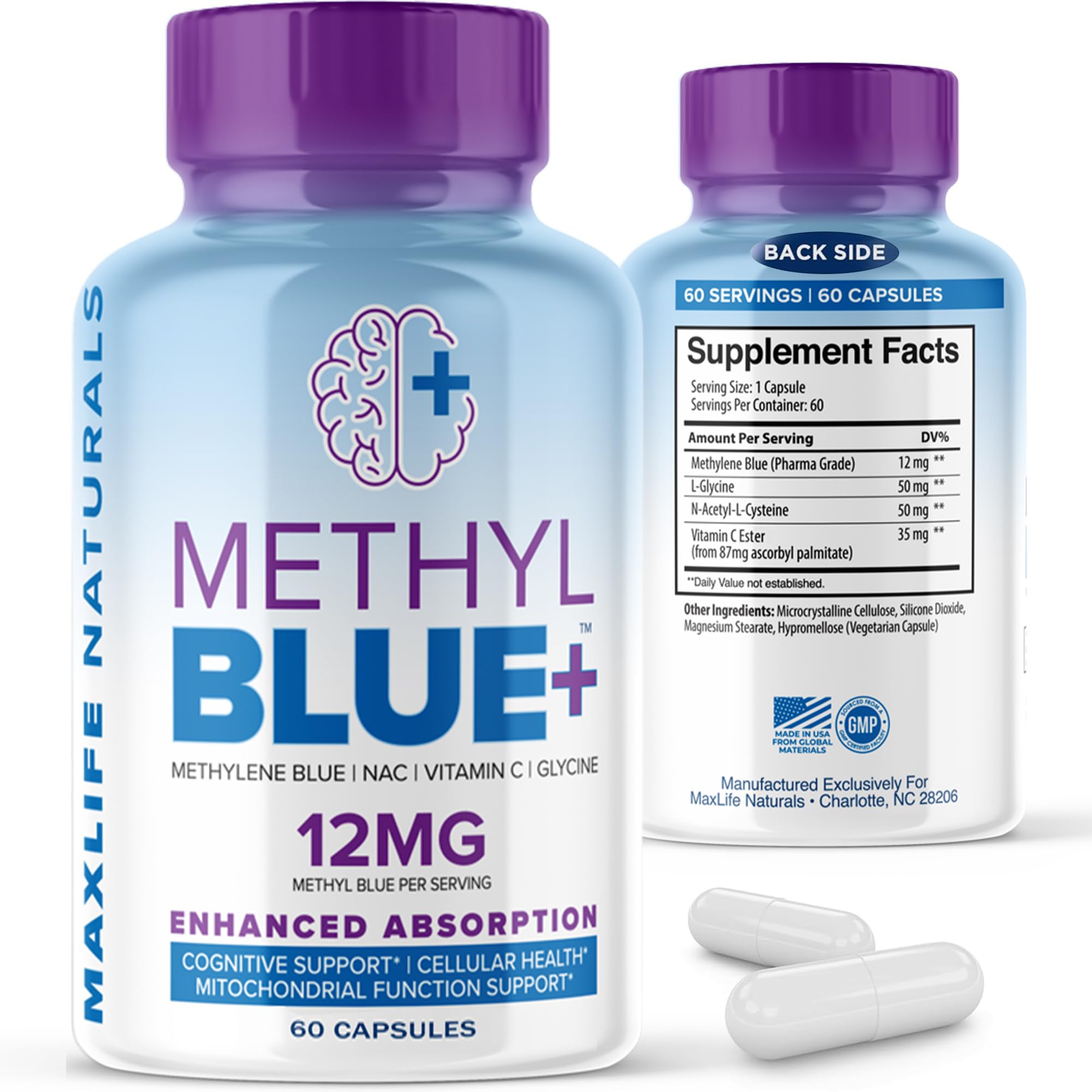 MAXLIFE NATURALS Methylene Blue Capsules 12mg front view