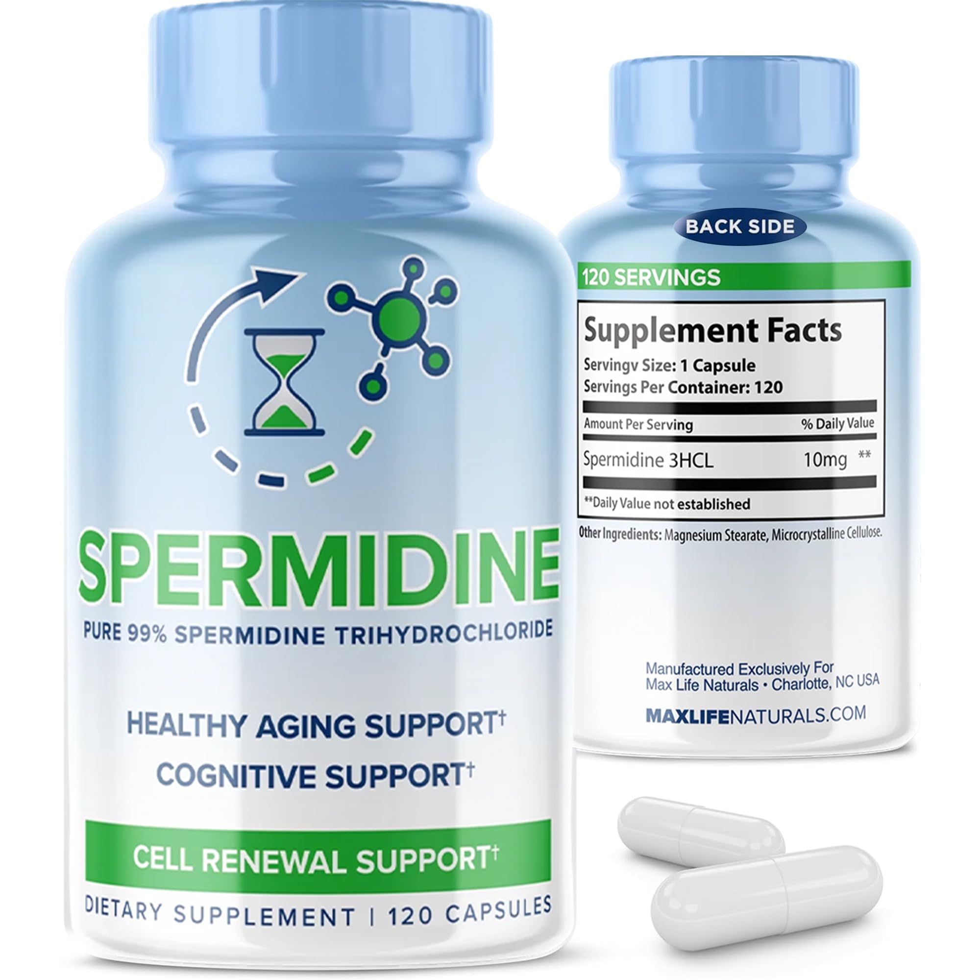 MAXLIFE NATURALS Spermidine 3HCL 120 Capsules front view