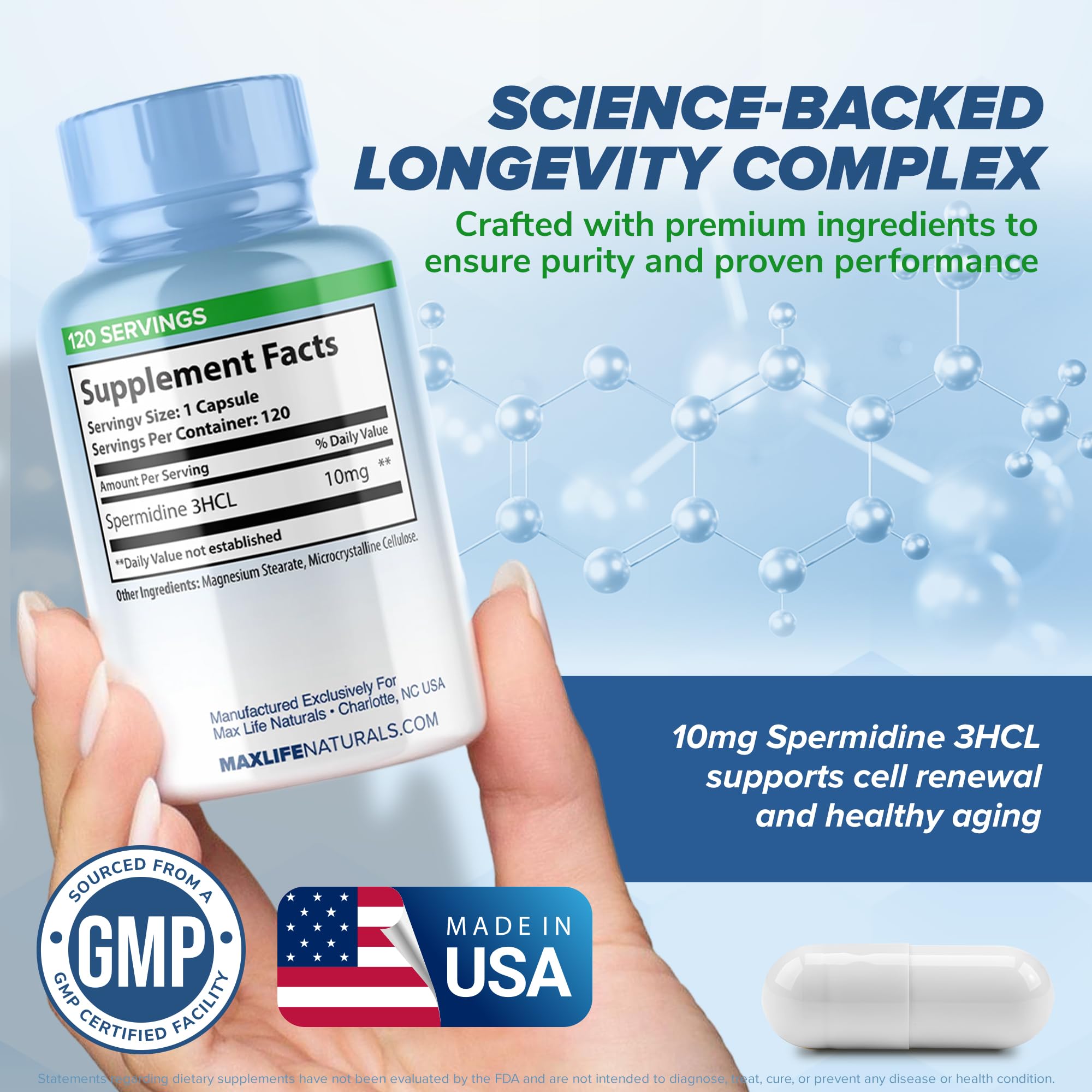 MAXLIFE NATURALS Spermidine 3HCL 120 Capsules on a wooden table