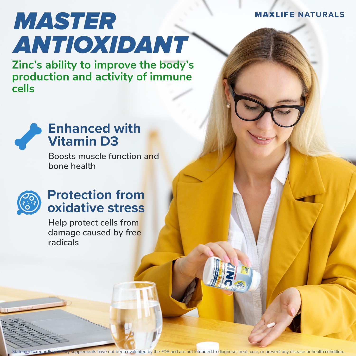 MAXLIFE NATURALS Zinc Picolinate 50mg capsules on a wooden surface