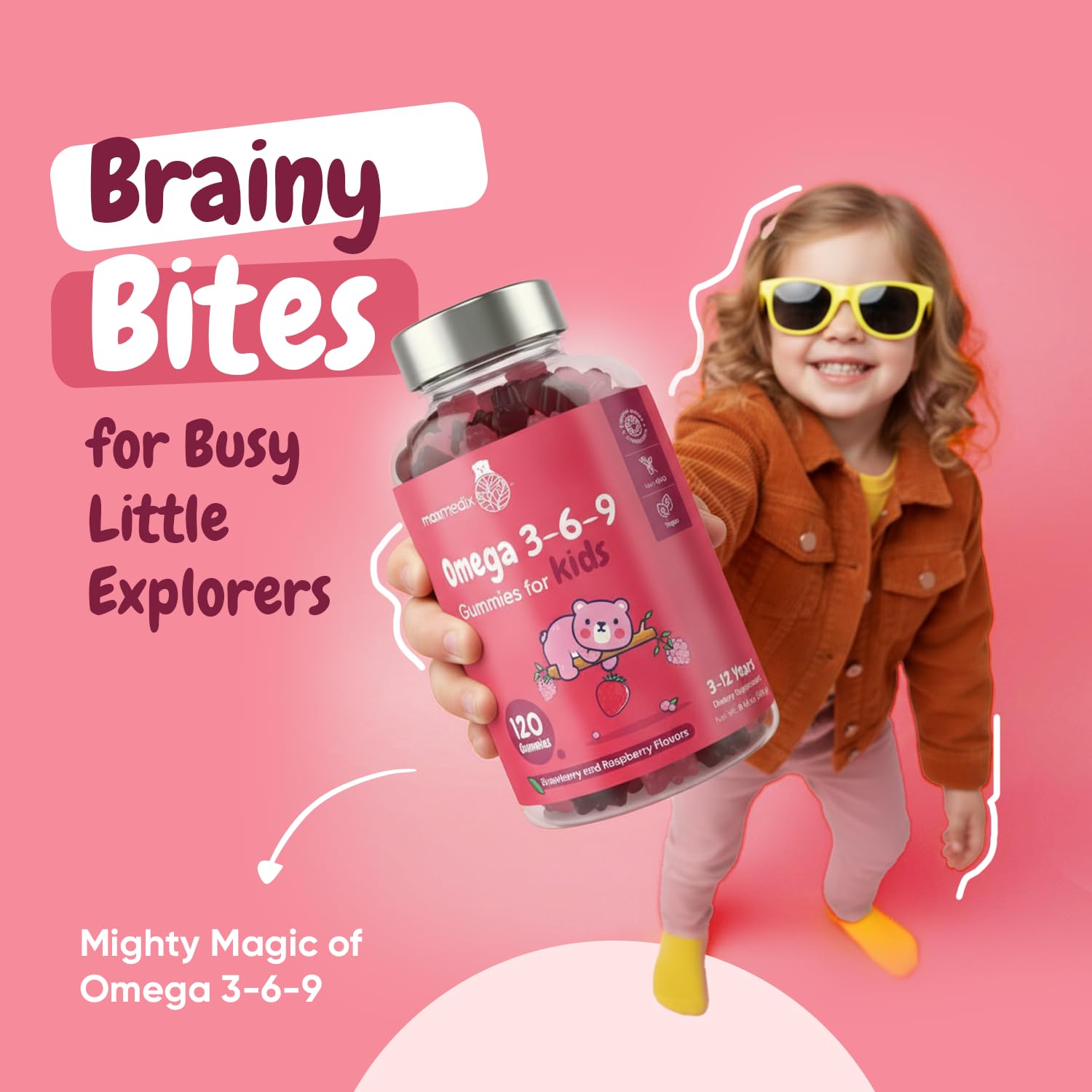 maxmedix Kids Omega 3 6 9 Gummies displayed with fruits
