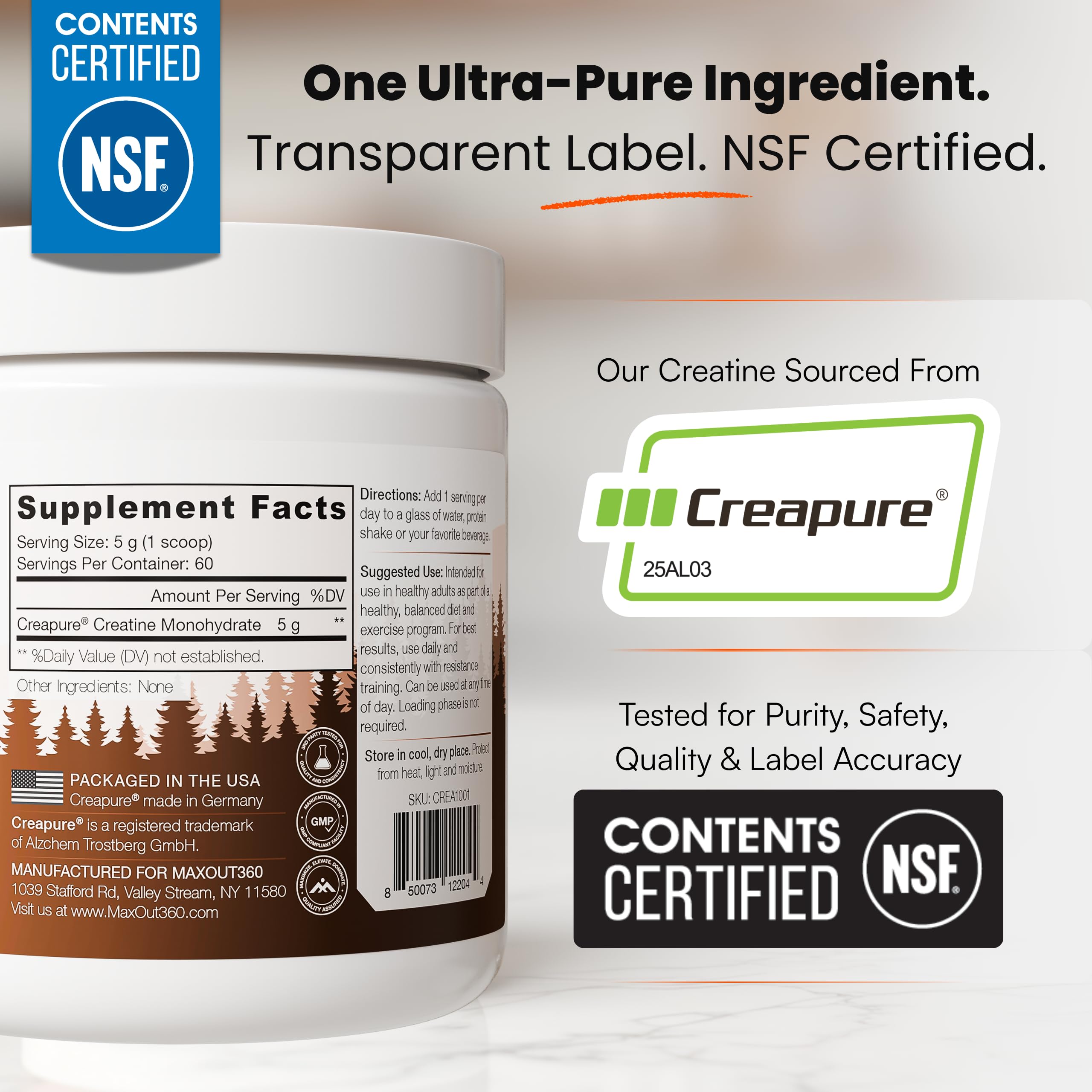 MaxOut360 Creatine Monohydrate 300g packaging side view