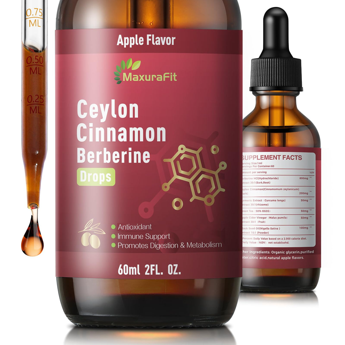 MaxuraFit Cinnamon Berberine Liquid Drops 142g front view