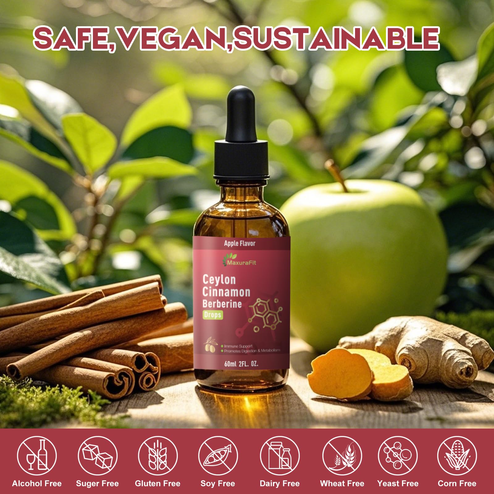 MaxuraFit Cinnamon Berberine Liquid Drops with measuring spoon