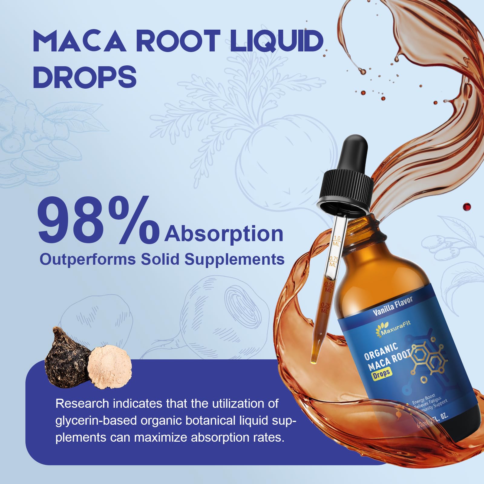MaxuraFit Maca Root & Ashwagandha Tincture with a glass of water