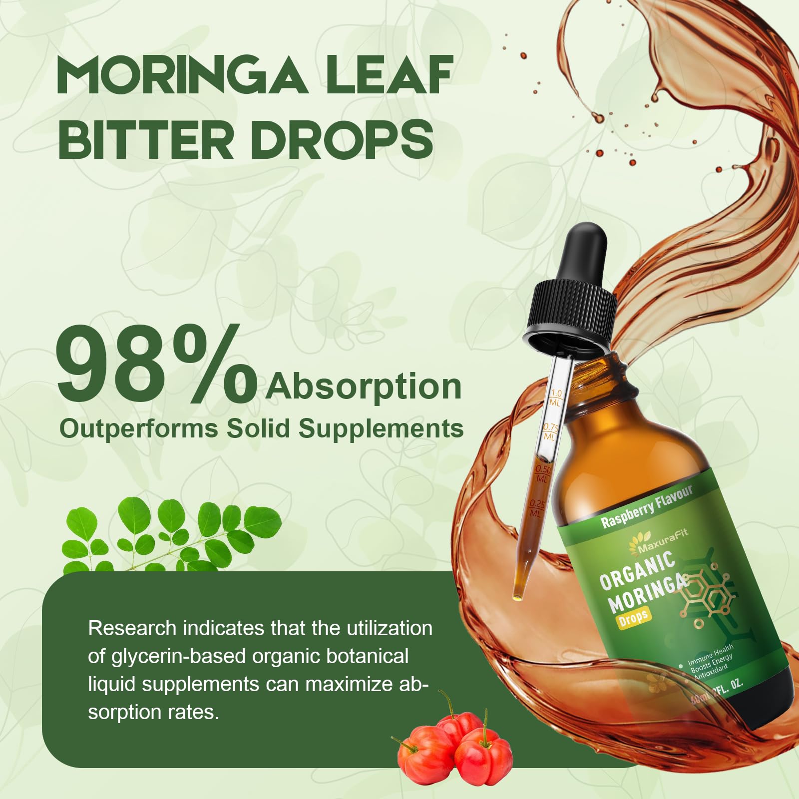 MaxuraFit Moringa Leaf Drops in a glass with water