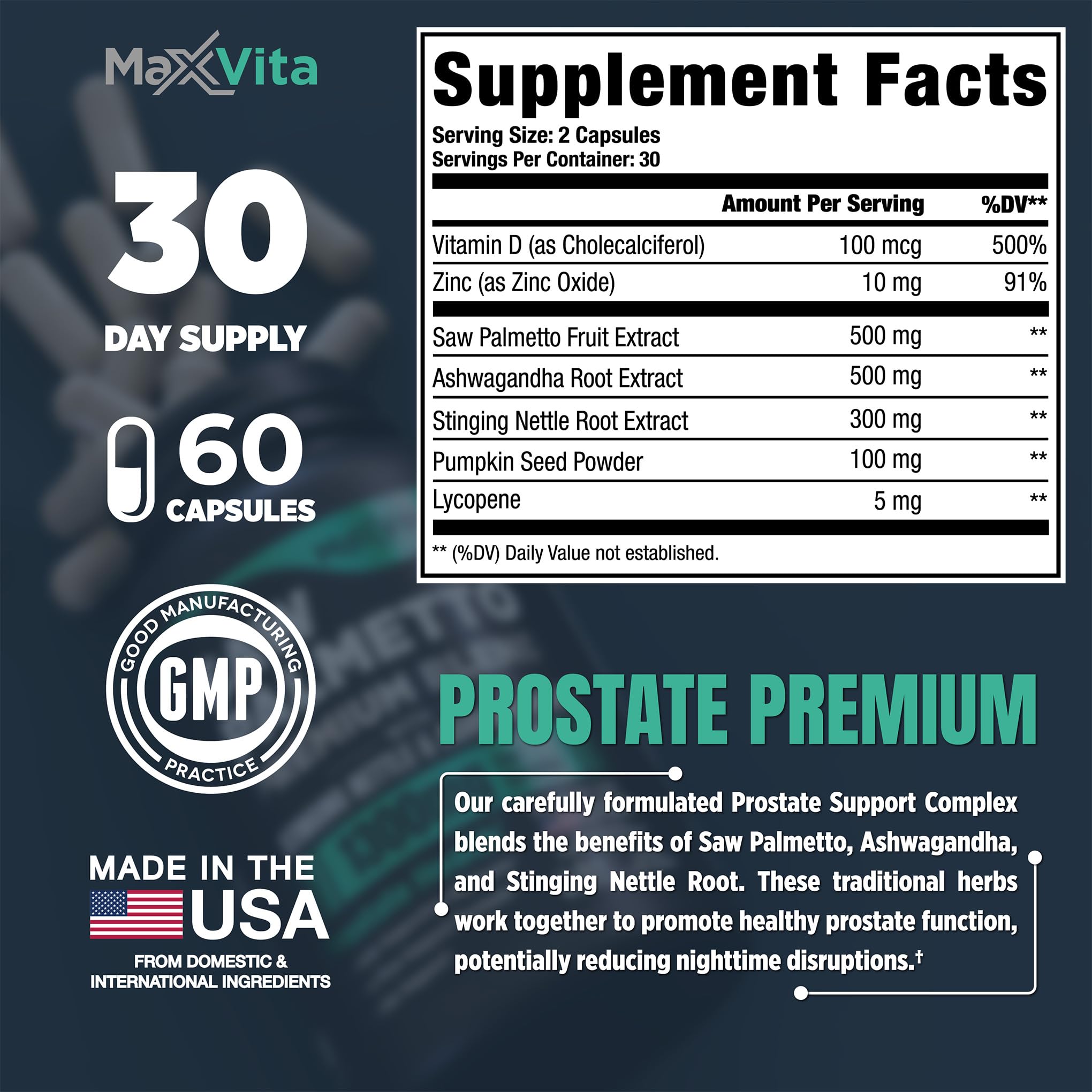 MaxVita Saw Palmetto Premium Blend bottle with a measuring spoon