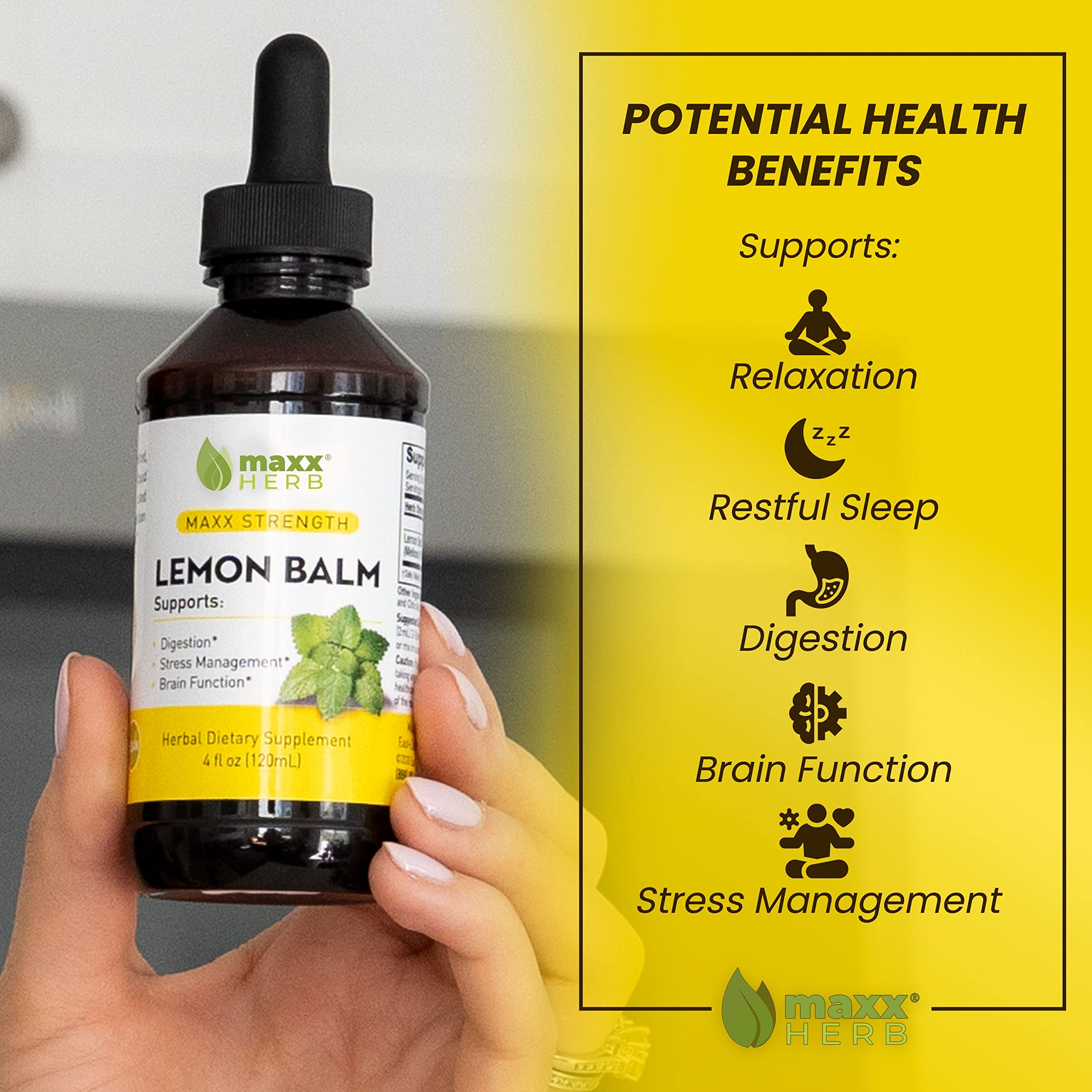 Maxx Herb Lemon Balm Extract packaging with four bottles