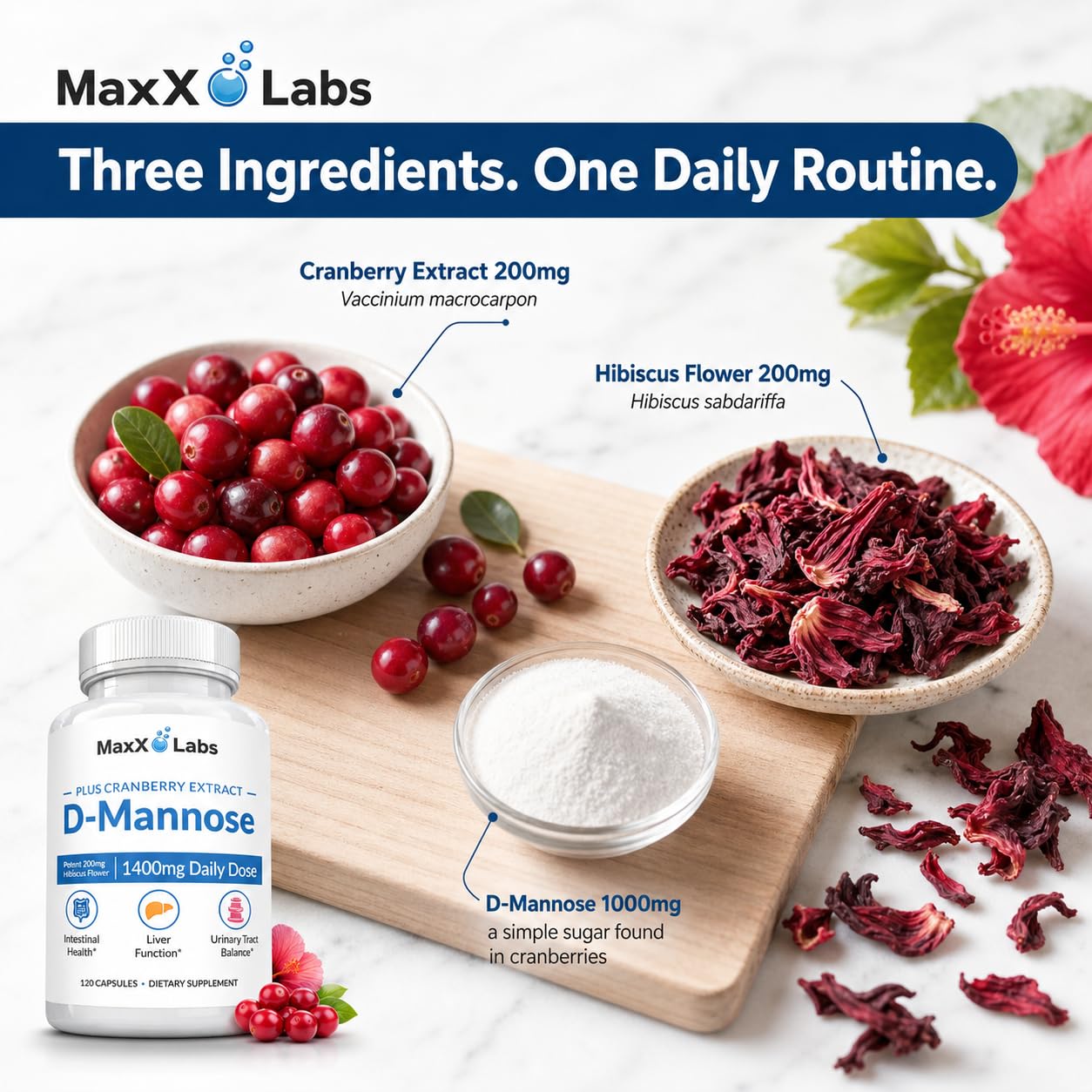 MaxX Labs D-Mannose 1000mg capsules on a table