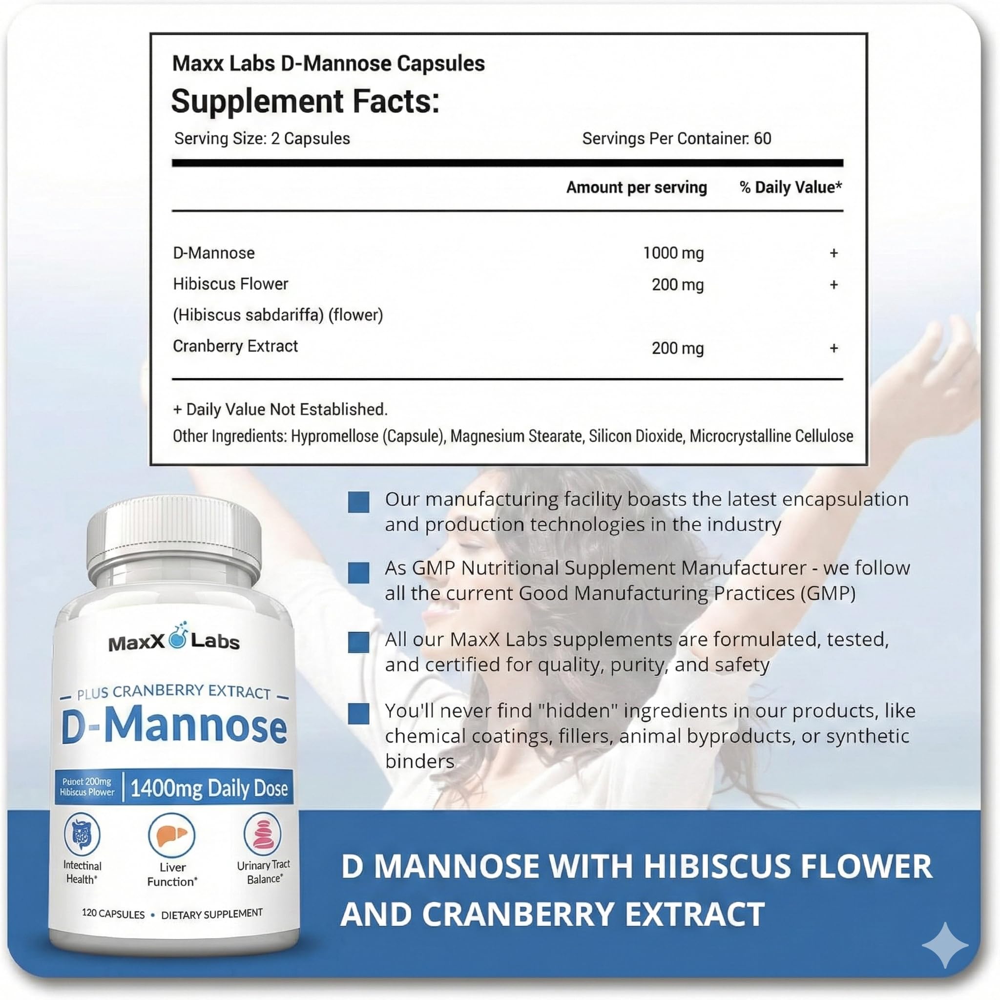 MaxX Labs D-Mannose 1000mg capsules with ingredients