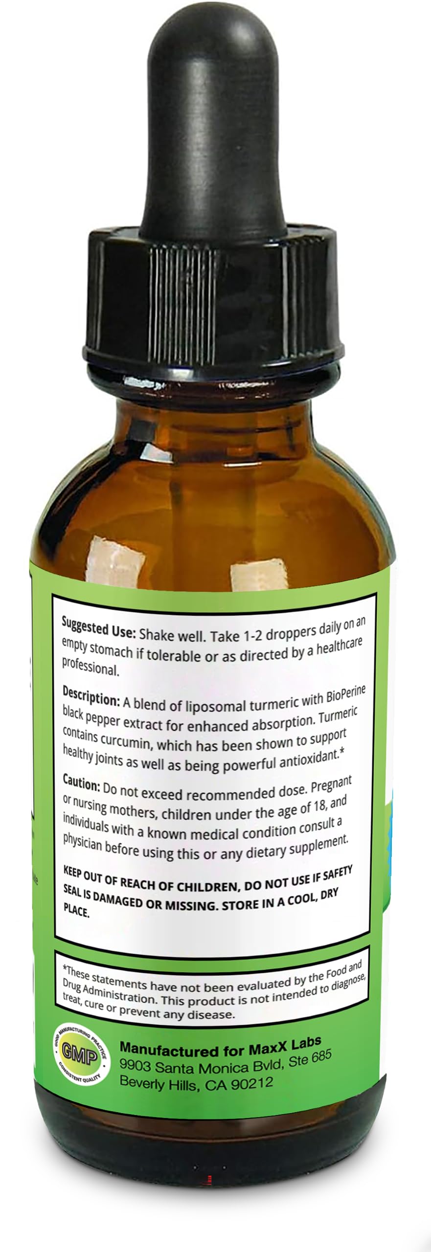 MaxX Labs Turmeric Curcumin Drops dropper close-up