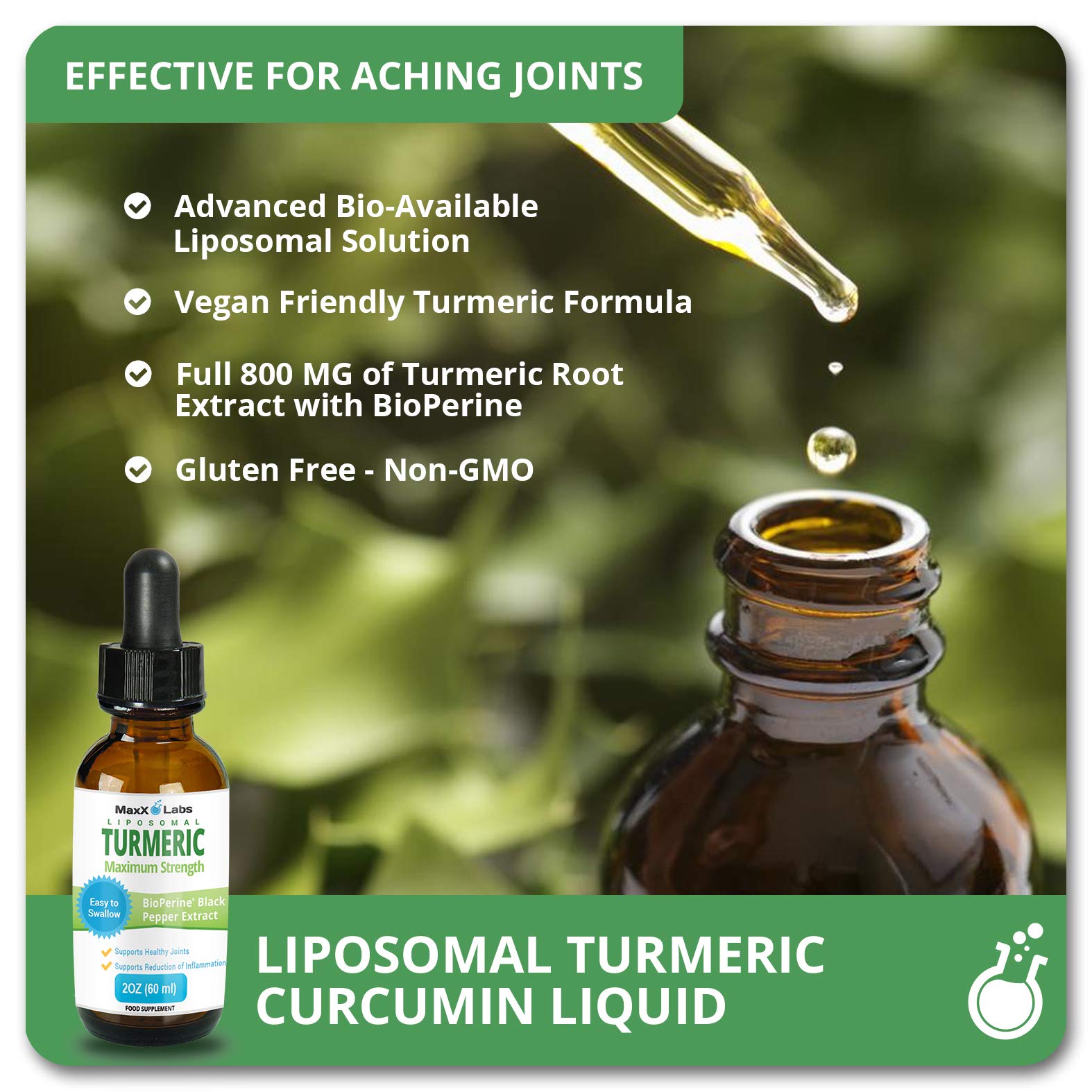MaxX Labs Turmeric Curcumin Drops side view with dropper