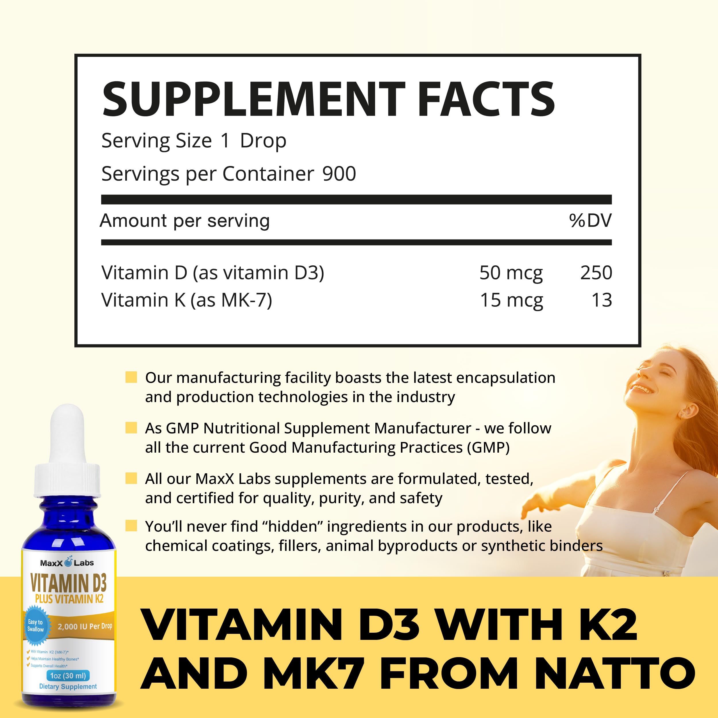 MaxX Labs Vitamin D3 K2 Drops 2000 IU label close-up