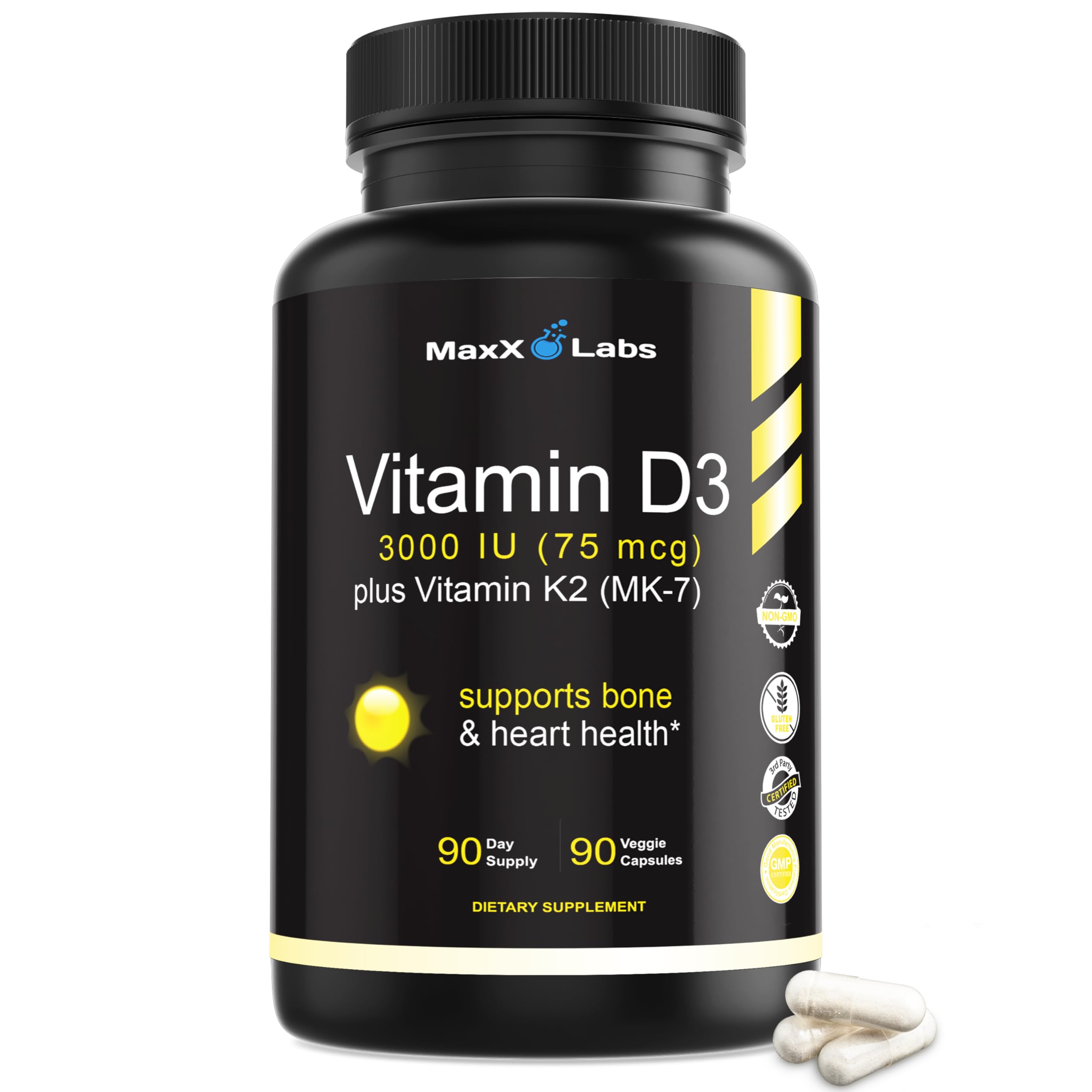 MaxX Labs Vitamin D3 K2 MK-7 Supplement 3000 IU + 75 mcg front view