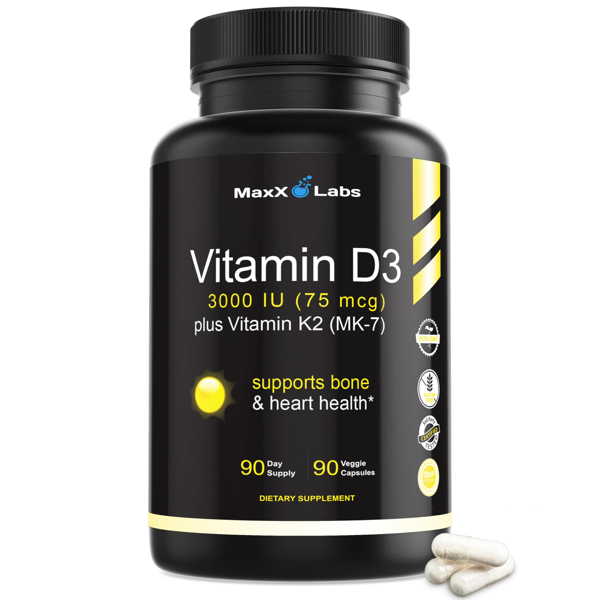 MaxX Labs Vitamin D3 K2 MK-7 Supplement 3000 IU + 75 mcg front view