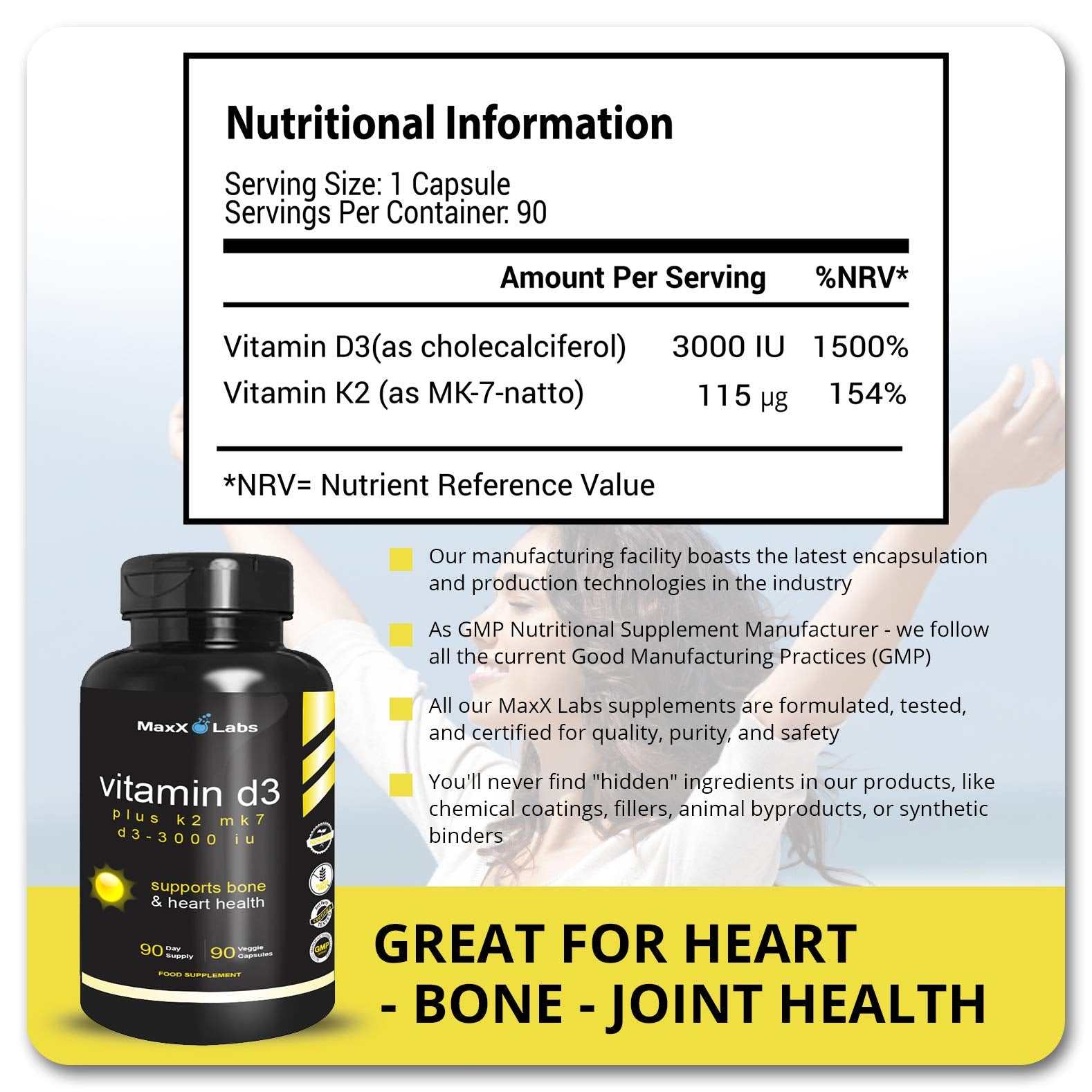 MaxX Labs Vitamin D3 K2 MK-7 Supplement 3000 IU + 75 mcg packaging