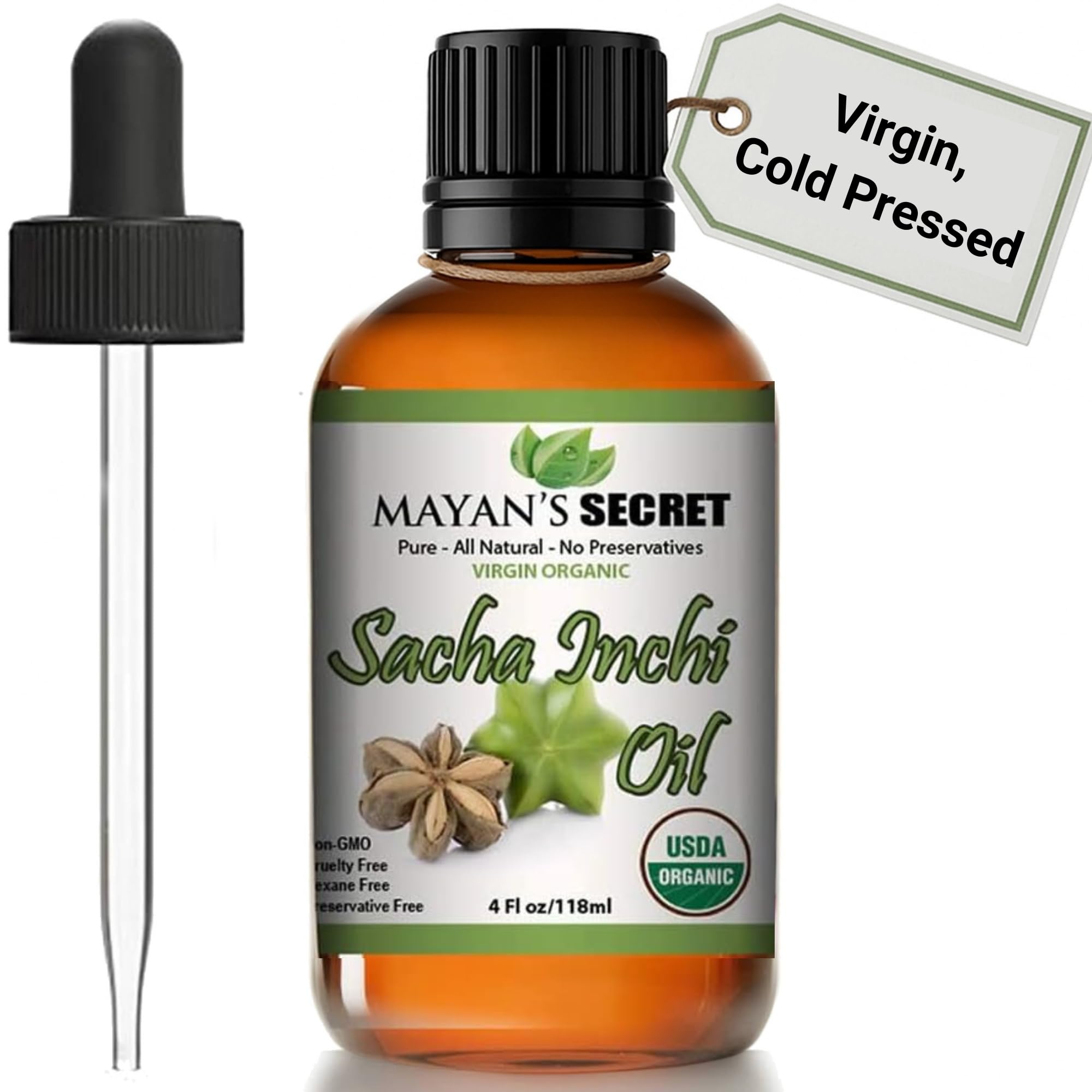 Mayan's Secret Sacha Inchi Oil 4oz dark amber bottle front view