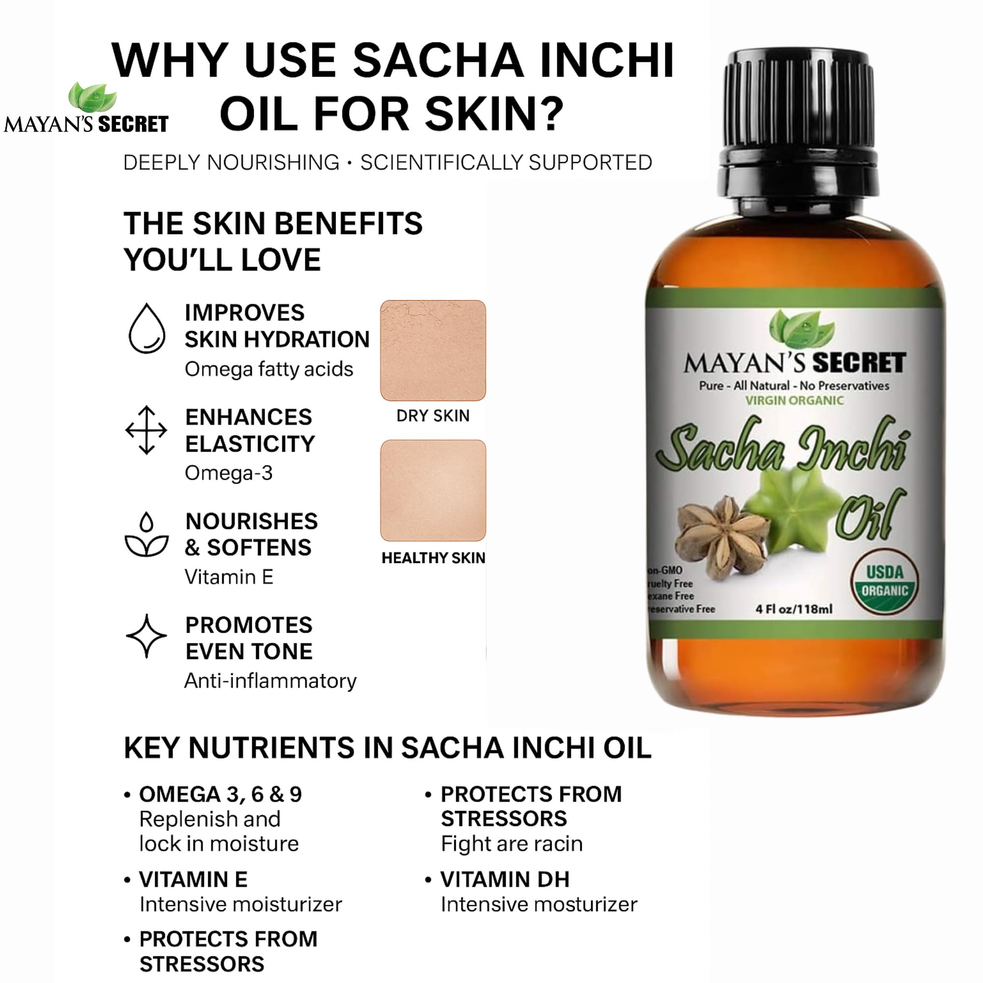 Mayan's Secret Sacha Inchi Oil displayed with cooking ingredients